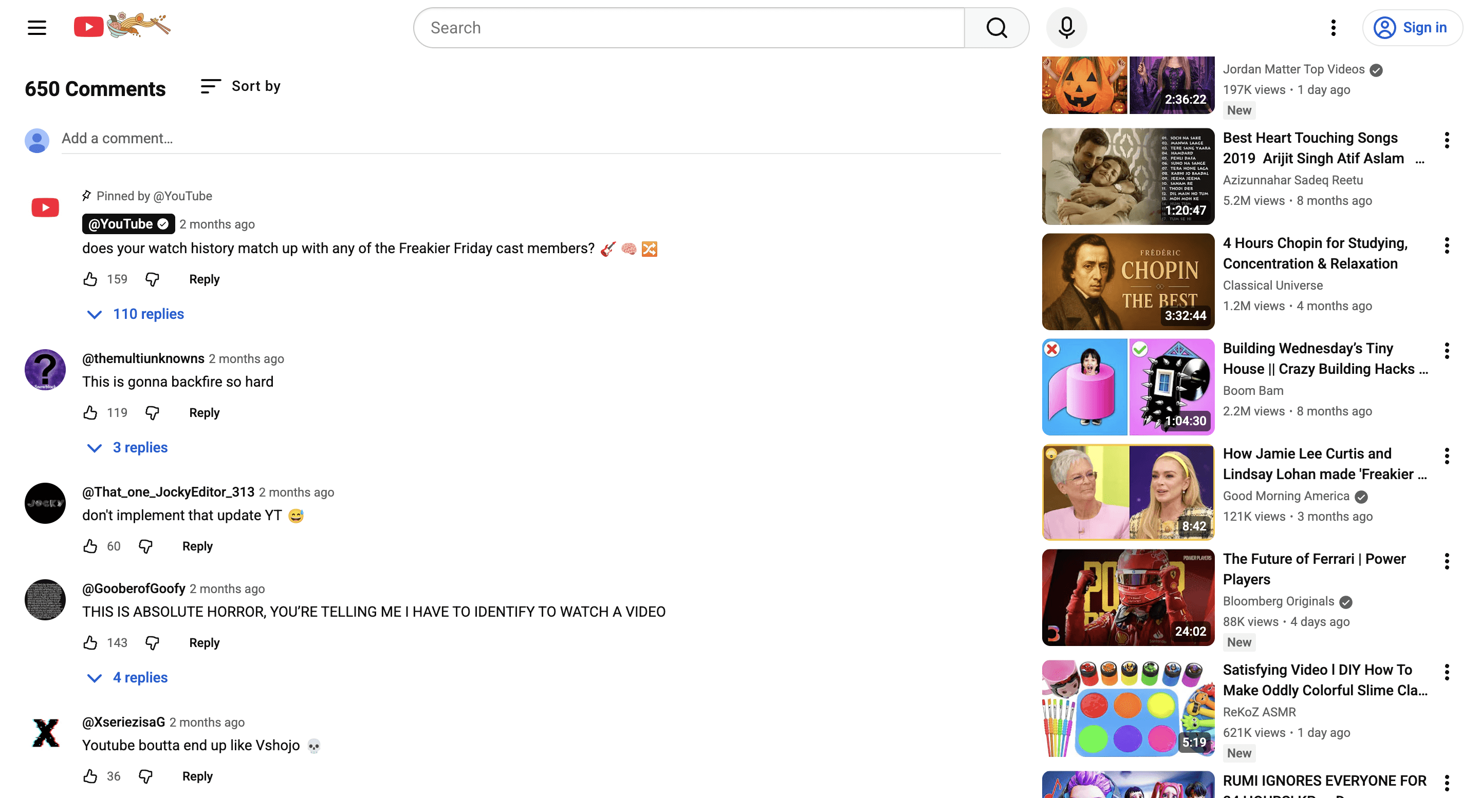 A list of comments on a youtube video