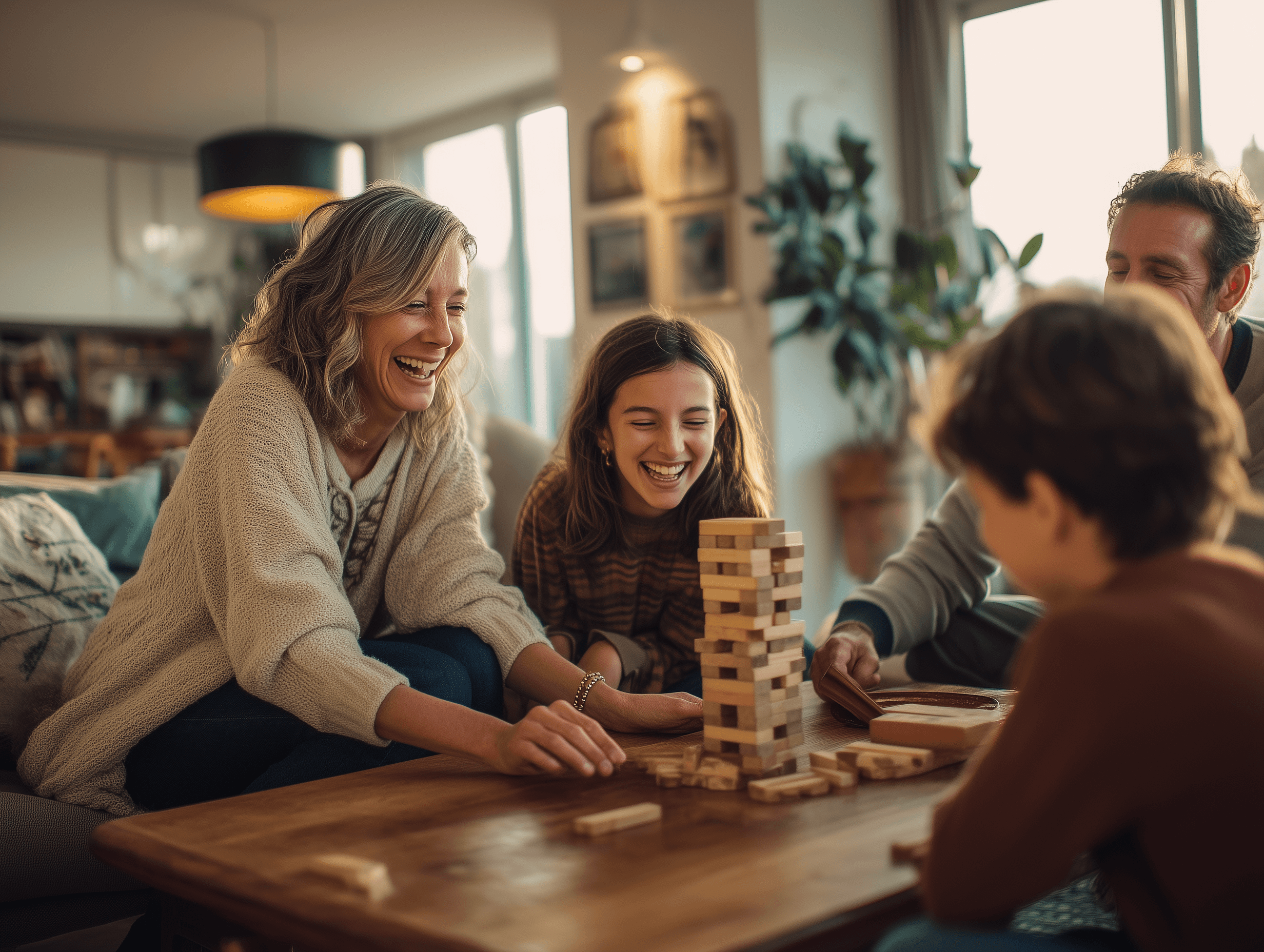 A family of 4 playing a game of Jenga together at home