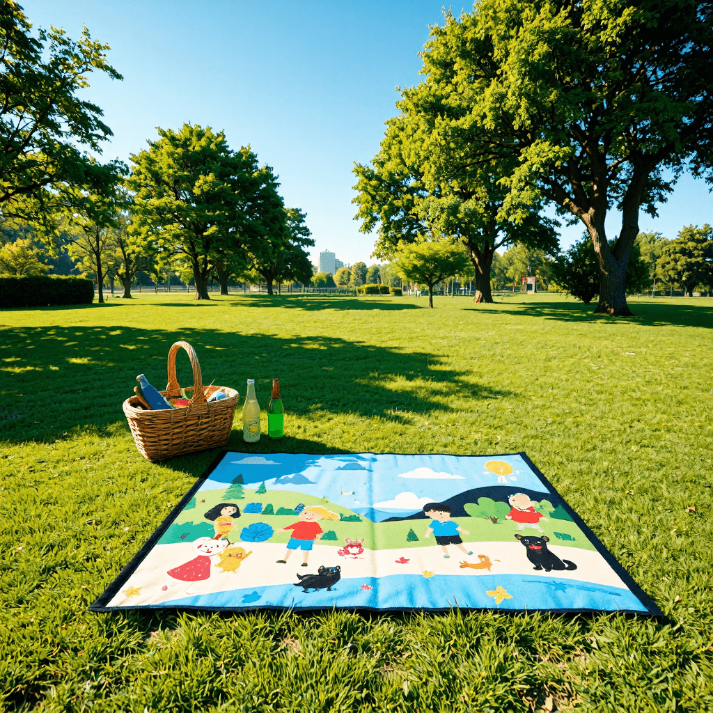 product photography of a picnic mat with cartoon designs