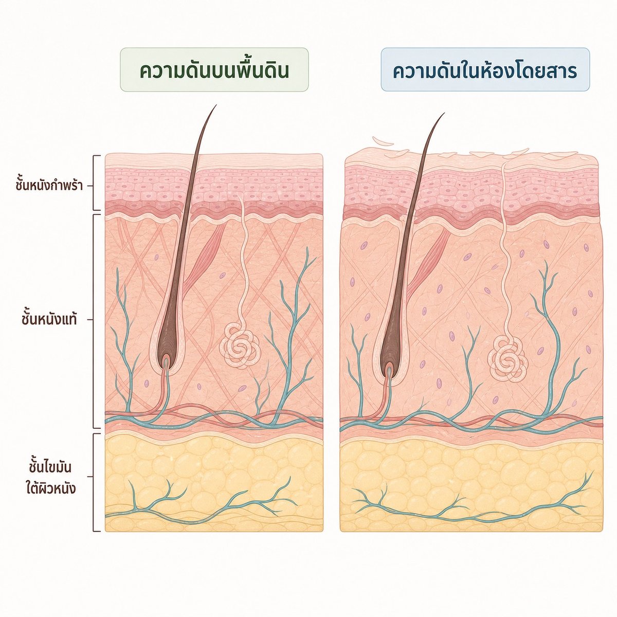 ภาพตัดขวางเปรียบเทียบผลของความดันบนพื้นดินกับในห้องโดยสารต่อผิวที่กำลังฟื้นตัว