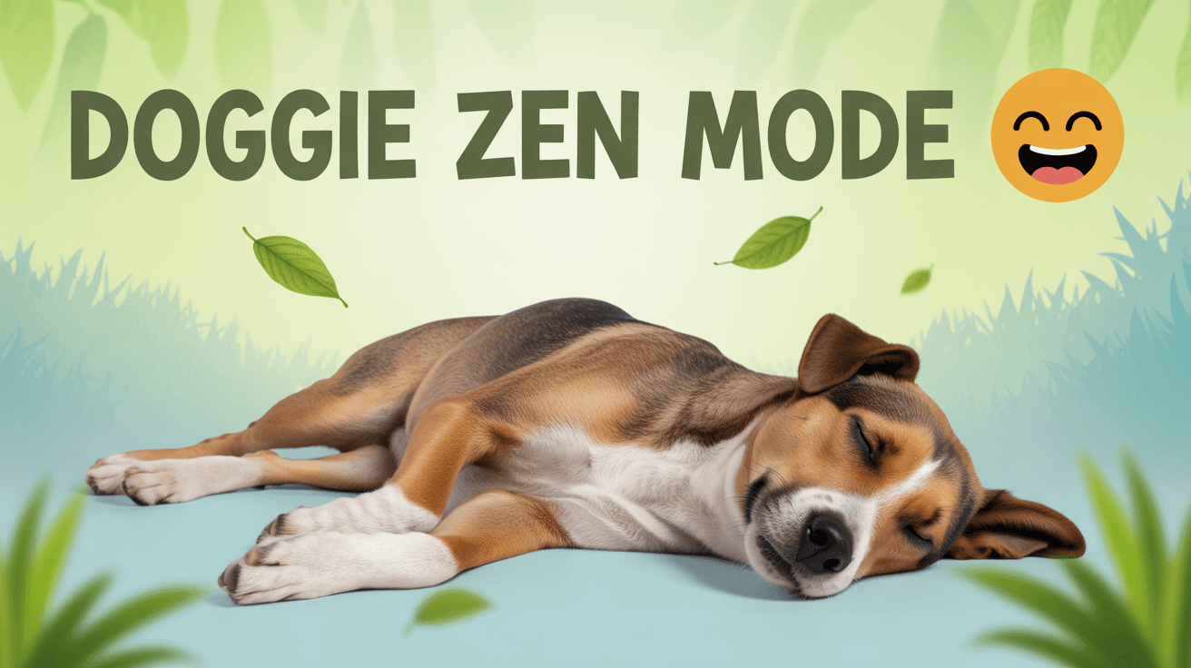 Sleepy dog resting in soft green blue nature scene with floating leaves and Doggie Zen Mode text
