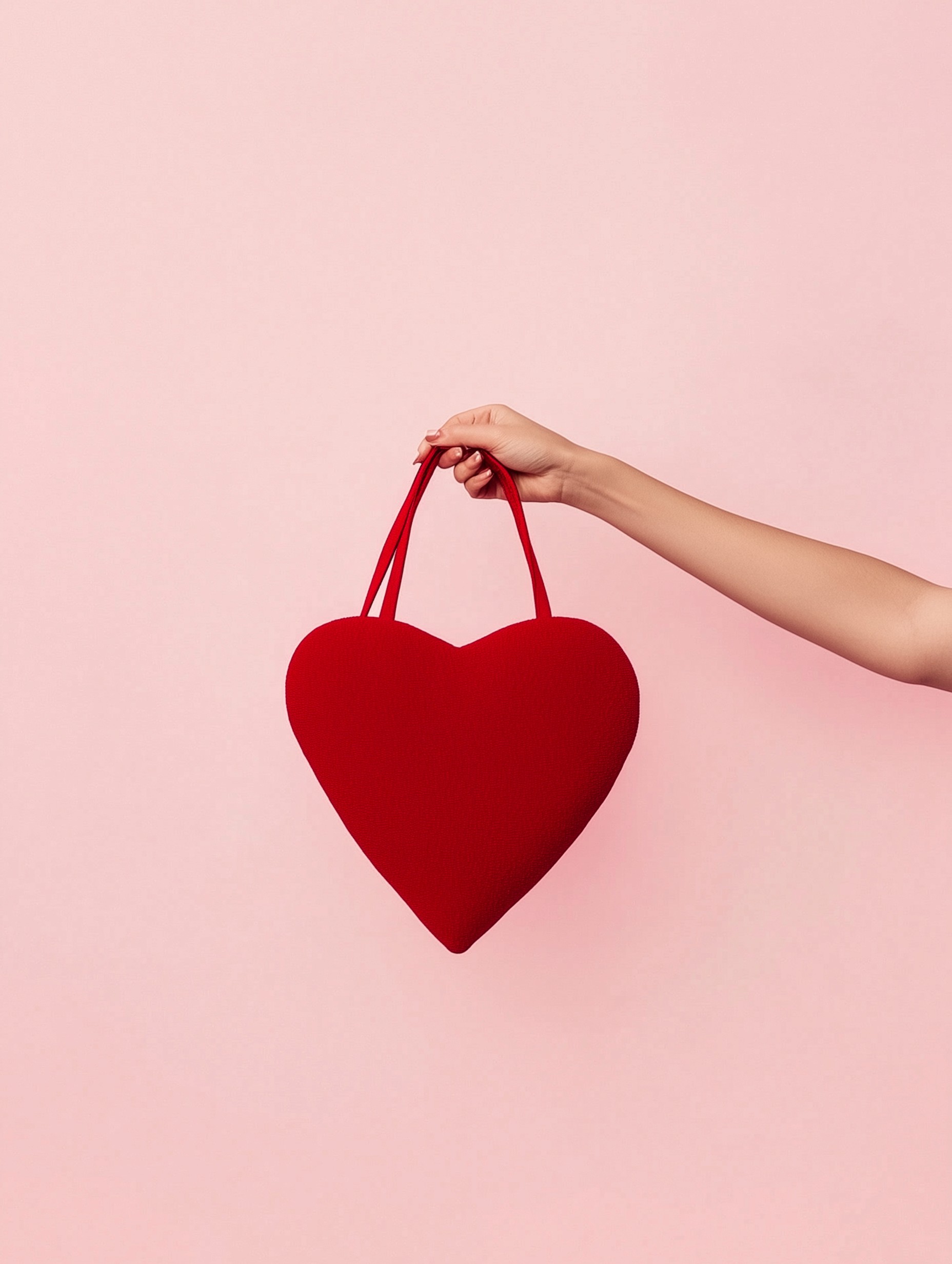 A pink background with a red heart-shaped bag being held by a hand, creating a minimalist and romantic aesthetic.