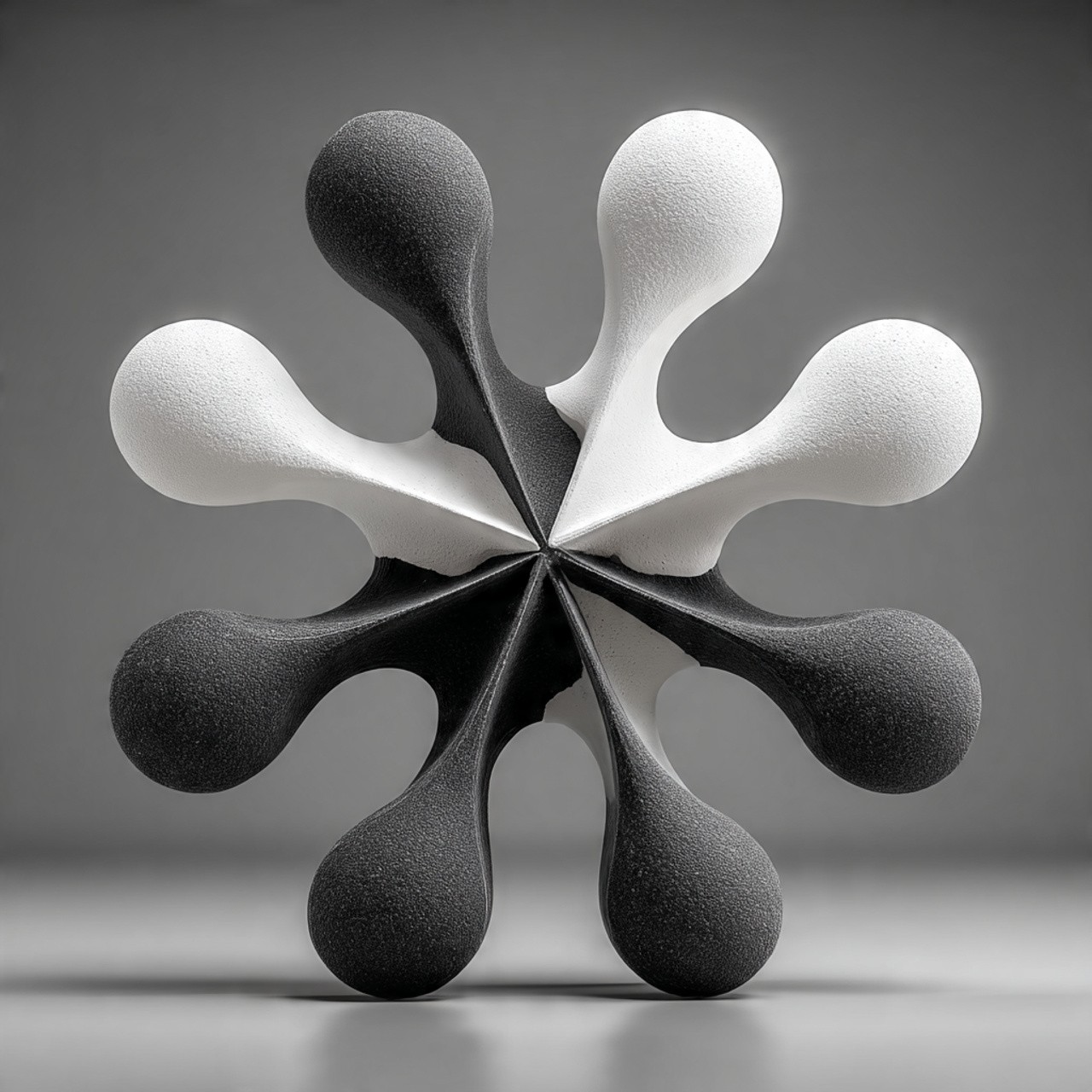 Abstract sculpture with eight teardrop-shaped arms radiating from the center, alternating in black and white, set against a soft gray background. Modern, symmetrical.
