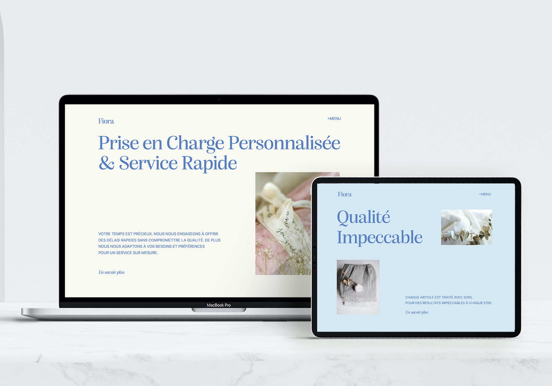 Aperçu du site web de Fiora Blanchisserie sur MacBook et iPad, illustrant un design responsive et élégant conçu par Studio Boume. Interface fluide et adaptée aux écrans desktop et tablette.