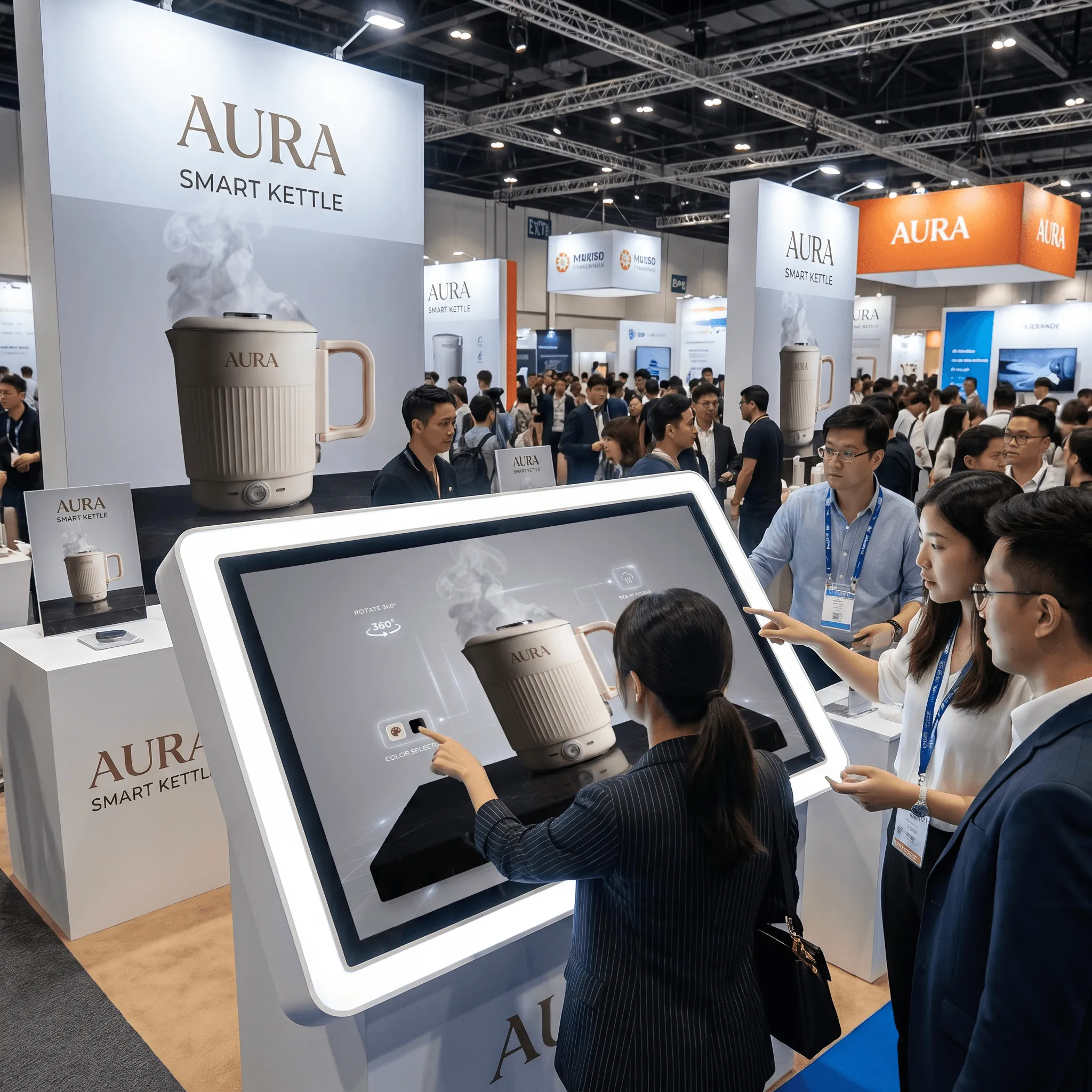 Aura smart kettle 3D visualization on interactive trade-show kiosk at home appliance expo