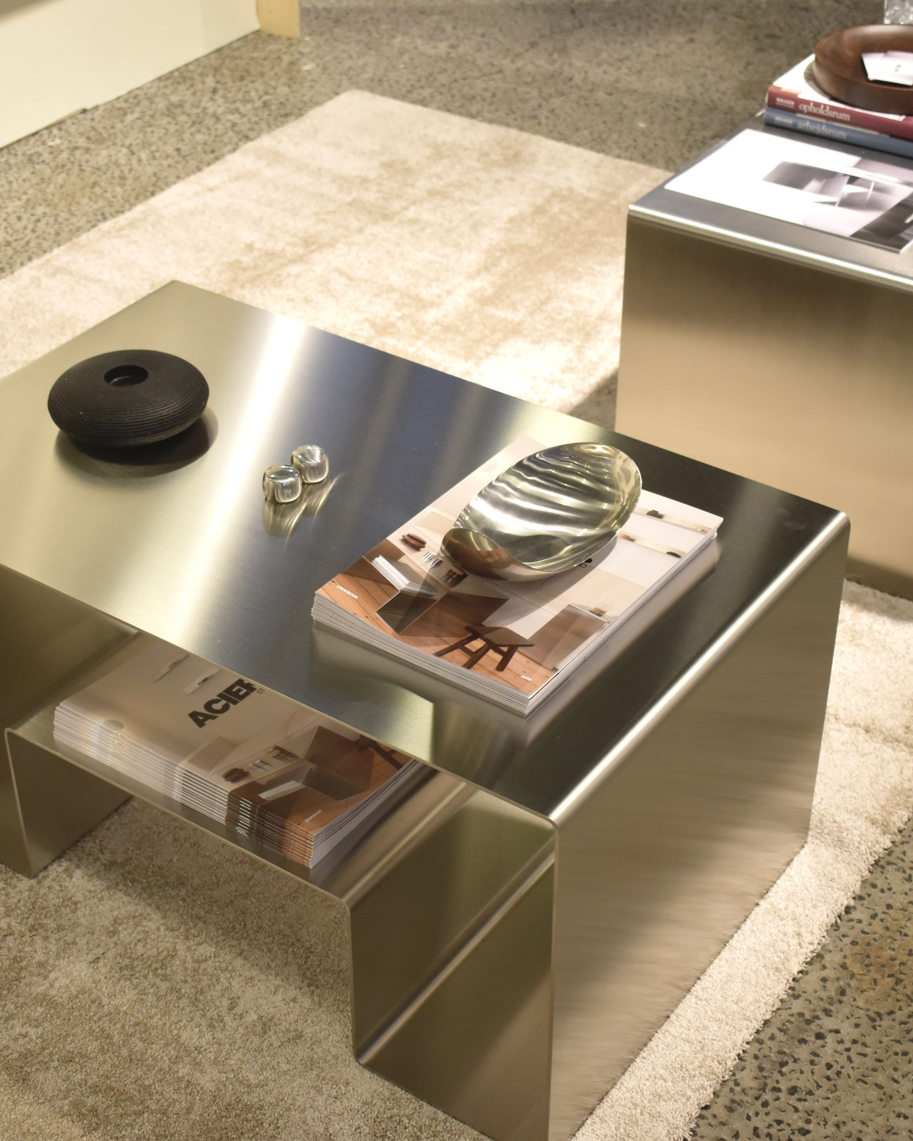 Acier Studio Uppsala coffee table, folded from 4mm brushed stainless steel