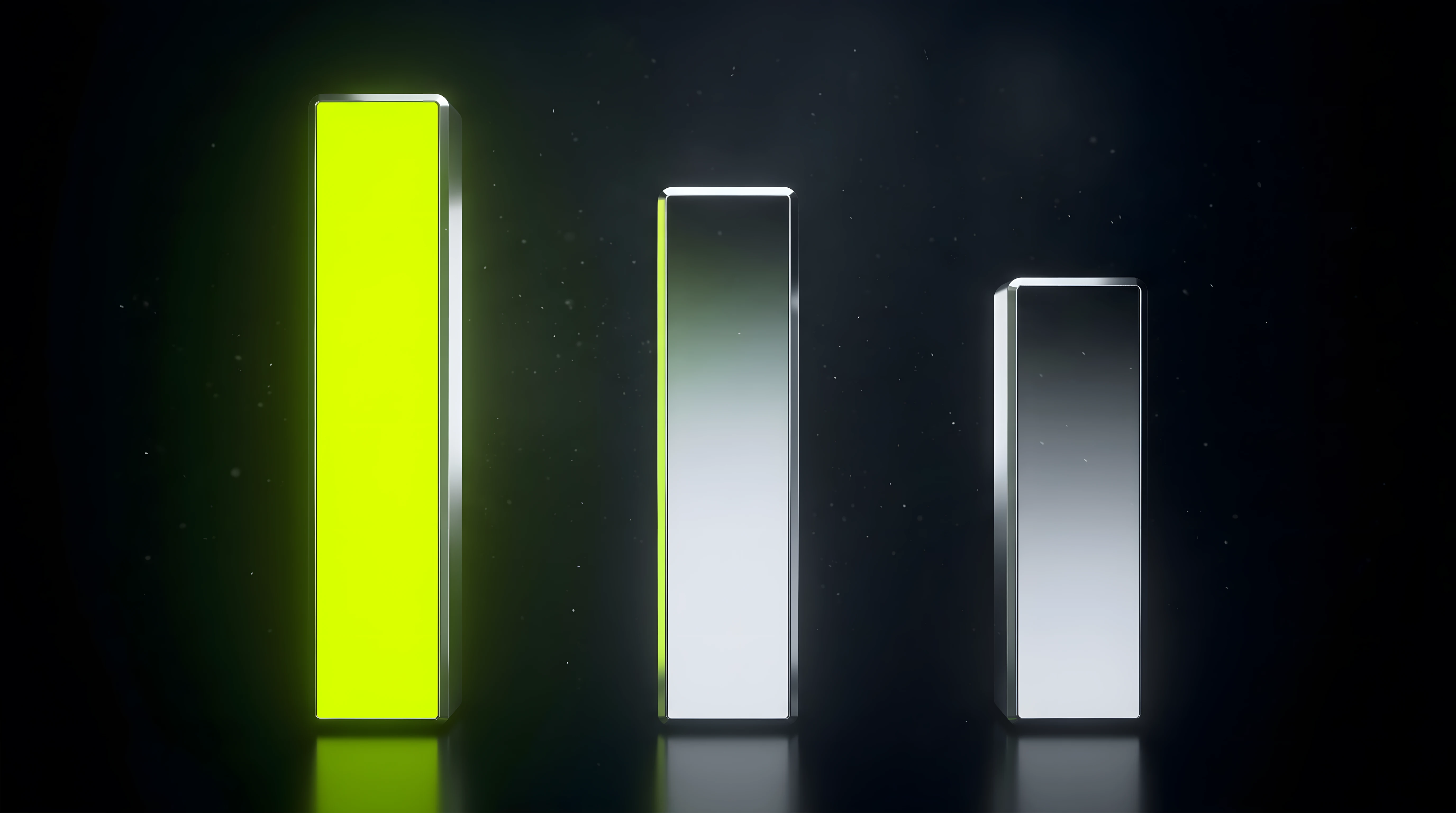 Three ranked tonal bars descending in brightness against liquid chrome over a void background, visualizing three ranked brand attributes translated into sound.
