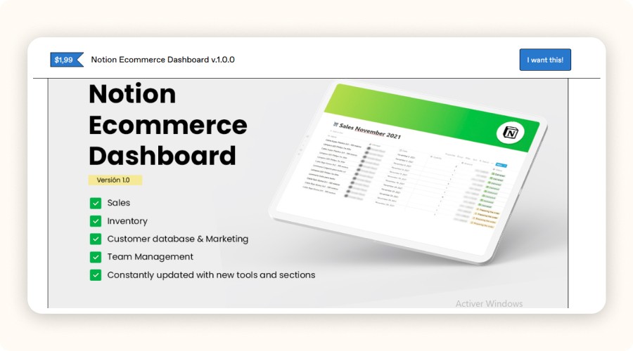 Notion Ecommerce Dashboard template