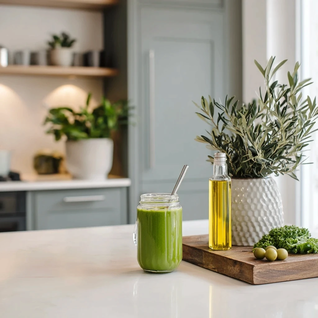 A green smoothie on a clean kitchen counter with a wooden plate next to it with OYM olive oil