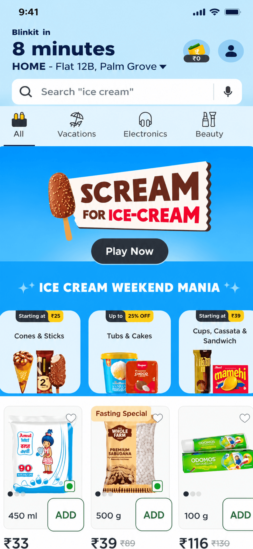 Blinkit Scream for Ice-Cream storefront with campaign lettering, a Play Now button and ice-cream categories