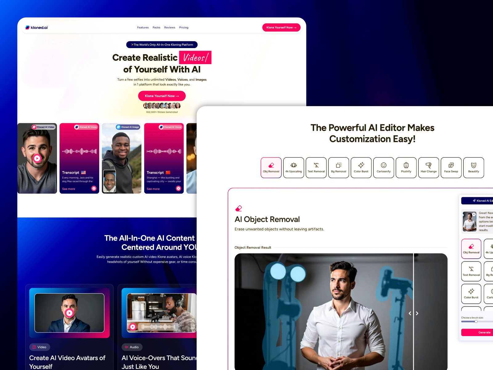 Screenshot of the Kloned AI website displaying a few UI and UX components to showcase the design approach.