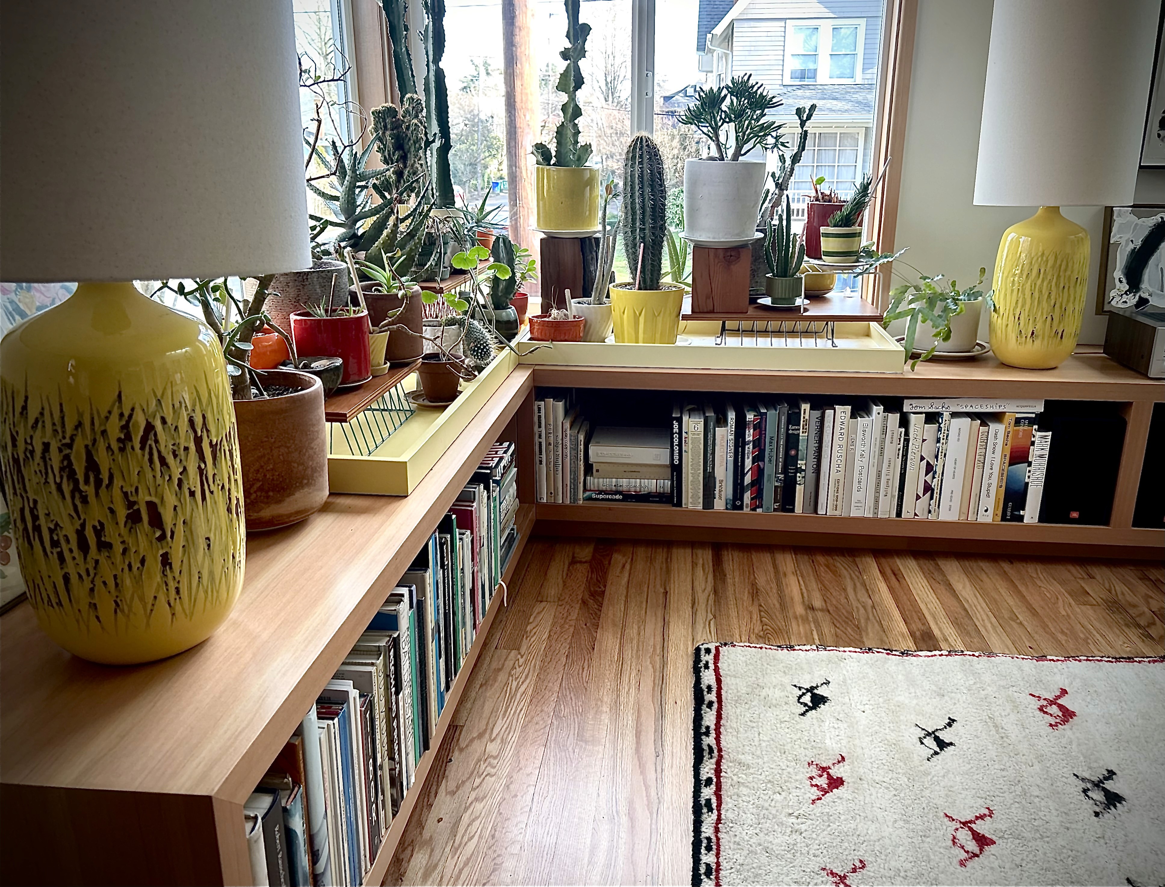 A floor-level single shelf built-in bookshelf made of Doug fir is filled with books plants and wraps around a corner with large corner windows.
