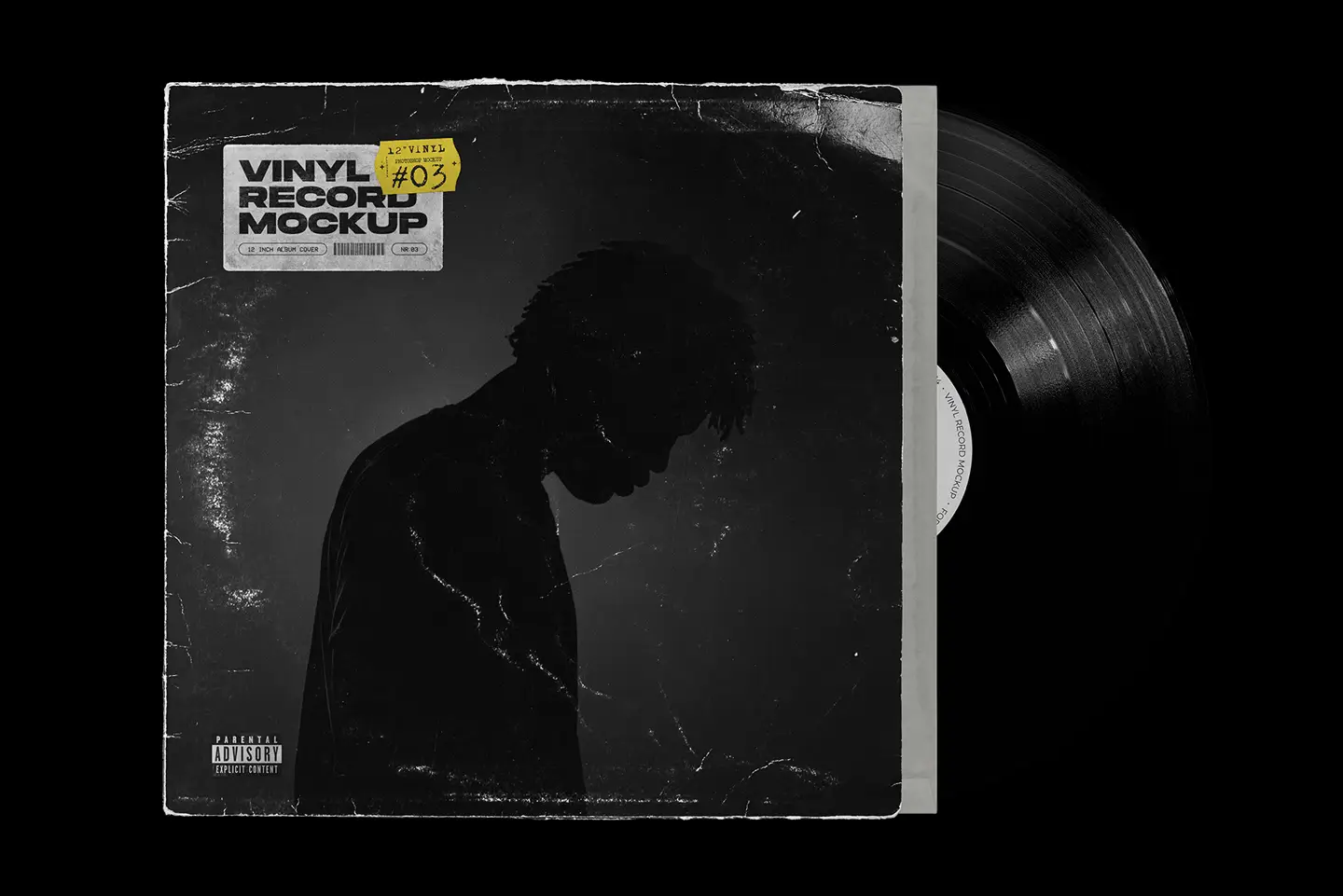 Realistic vinyl record mockup showing worn album cover and partially visible vinyl