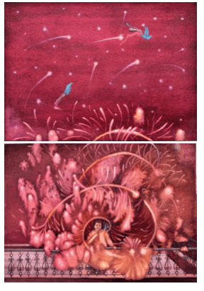 herd of sheep on road painting