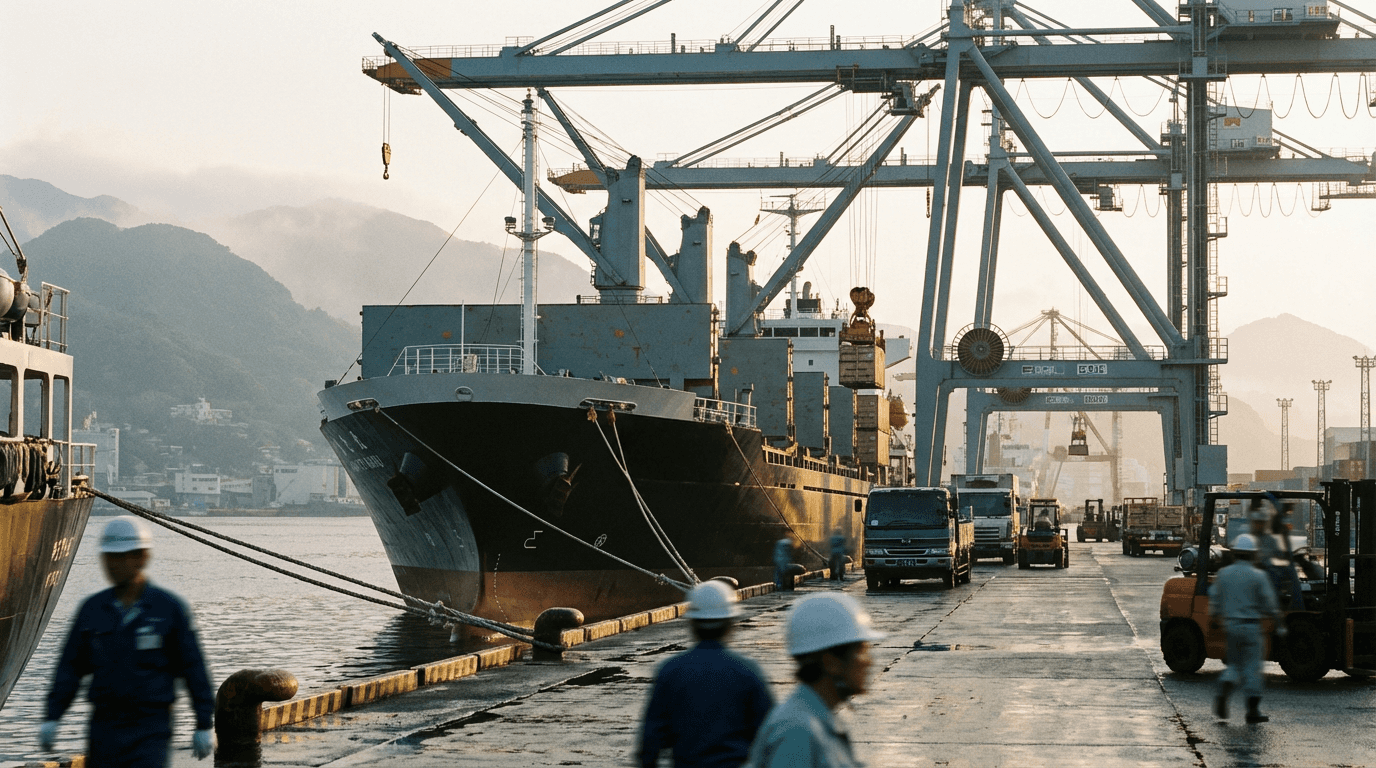 Workers supervising cargo operations beside a bulk carrier at a Japanese container terminal with large gantry cranes.