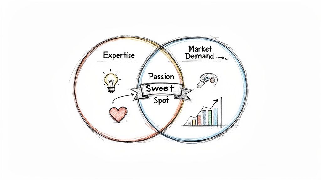 Venn diagram illustrating 'Expertise' and 'Market Demand' intersecting to form the 'Passion Sweet Spot'.
