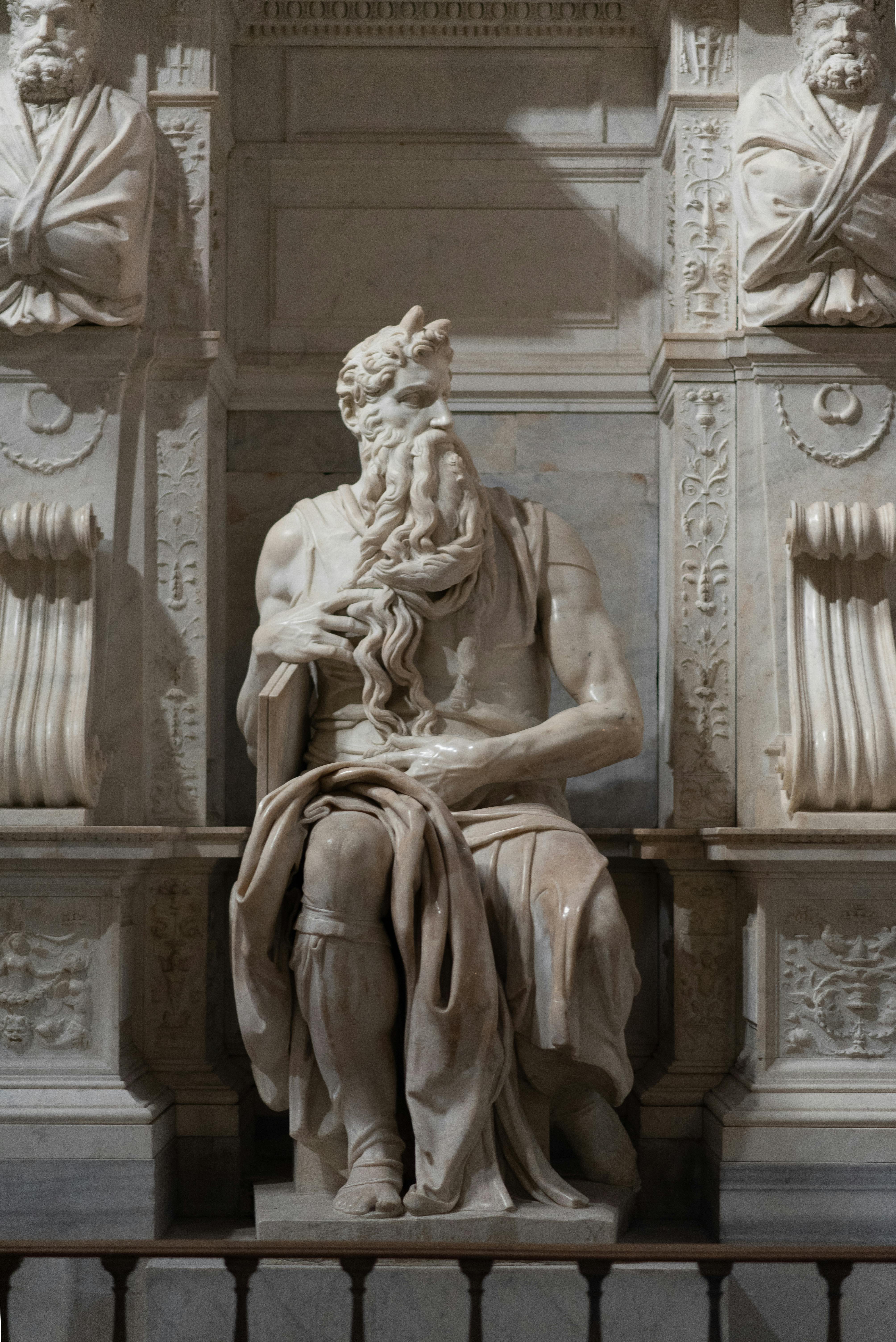 Front view of Michelangelo's Moses beneath the tomb of Pope Julius II inside San Pietro in Vincoli in Rome