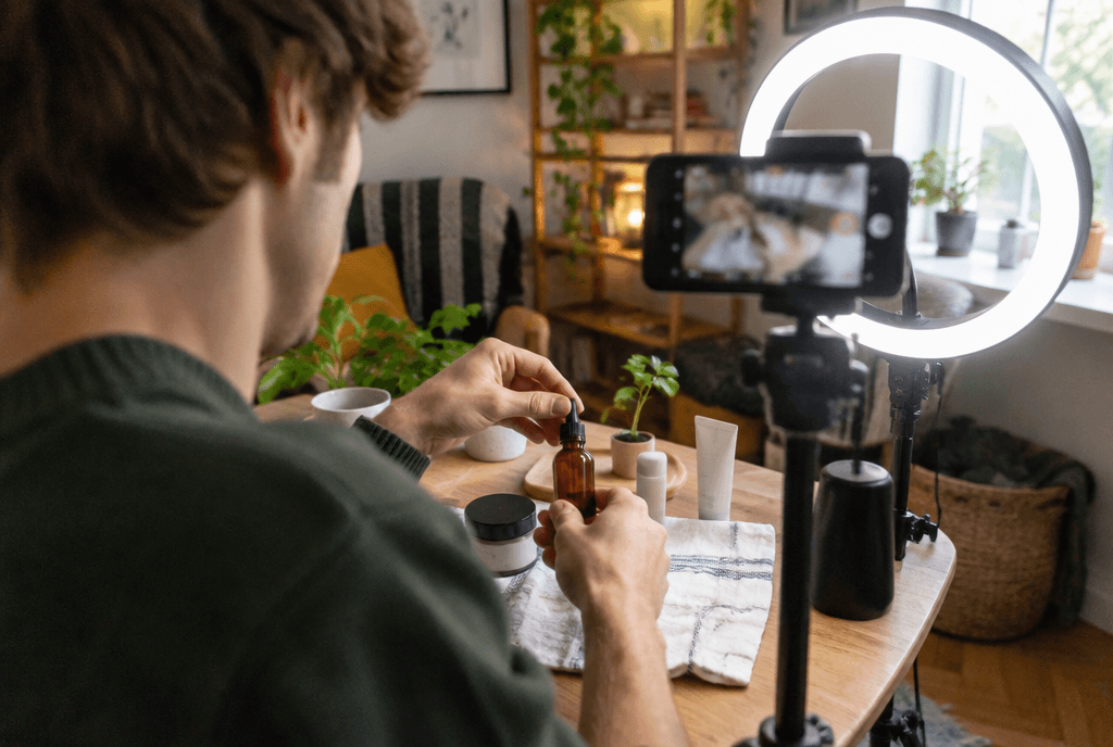 Creator filming hands-on product footage while a small team works in the background