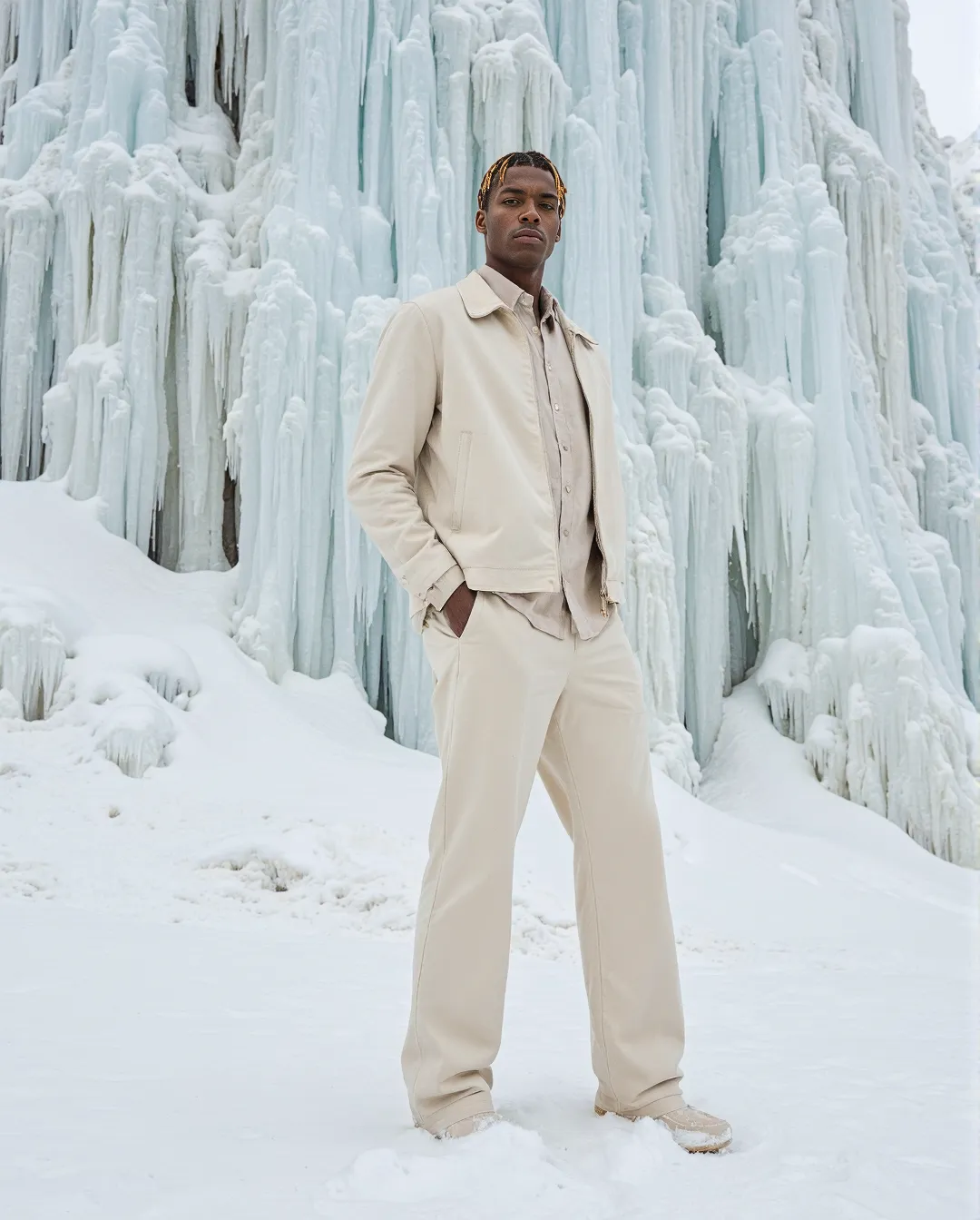 Person in cream outfit standing against magnificent ice wall formation, creating stunning winter fashion contrast photography