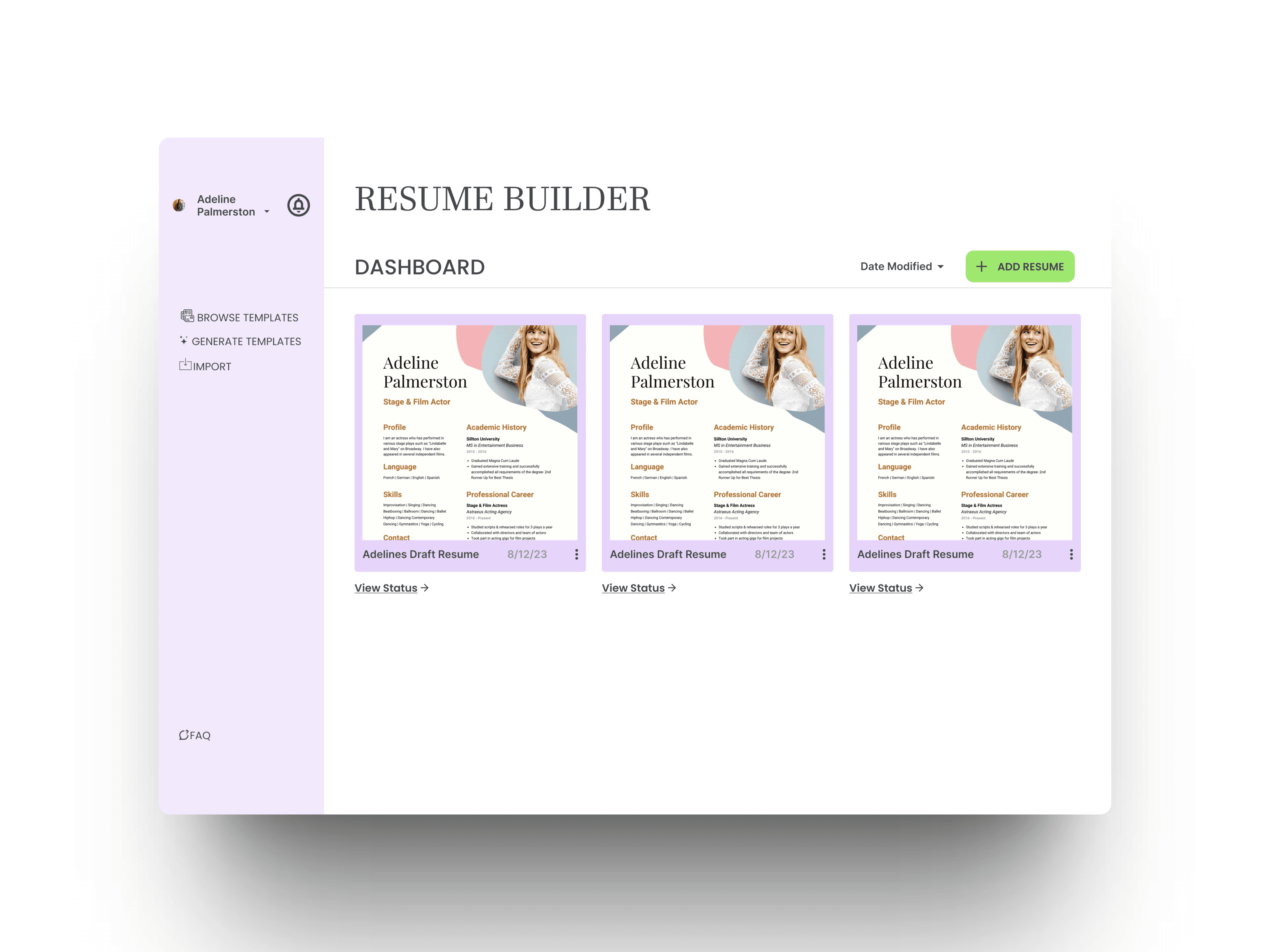 Dashboard for resume builder