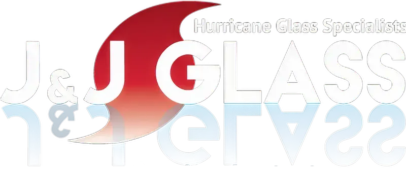 J&J Glass logo featuring a hurricane symbol and reflective typography, representing the company’s expertise in impact-resistant glass solutions.