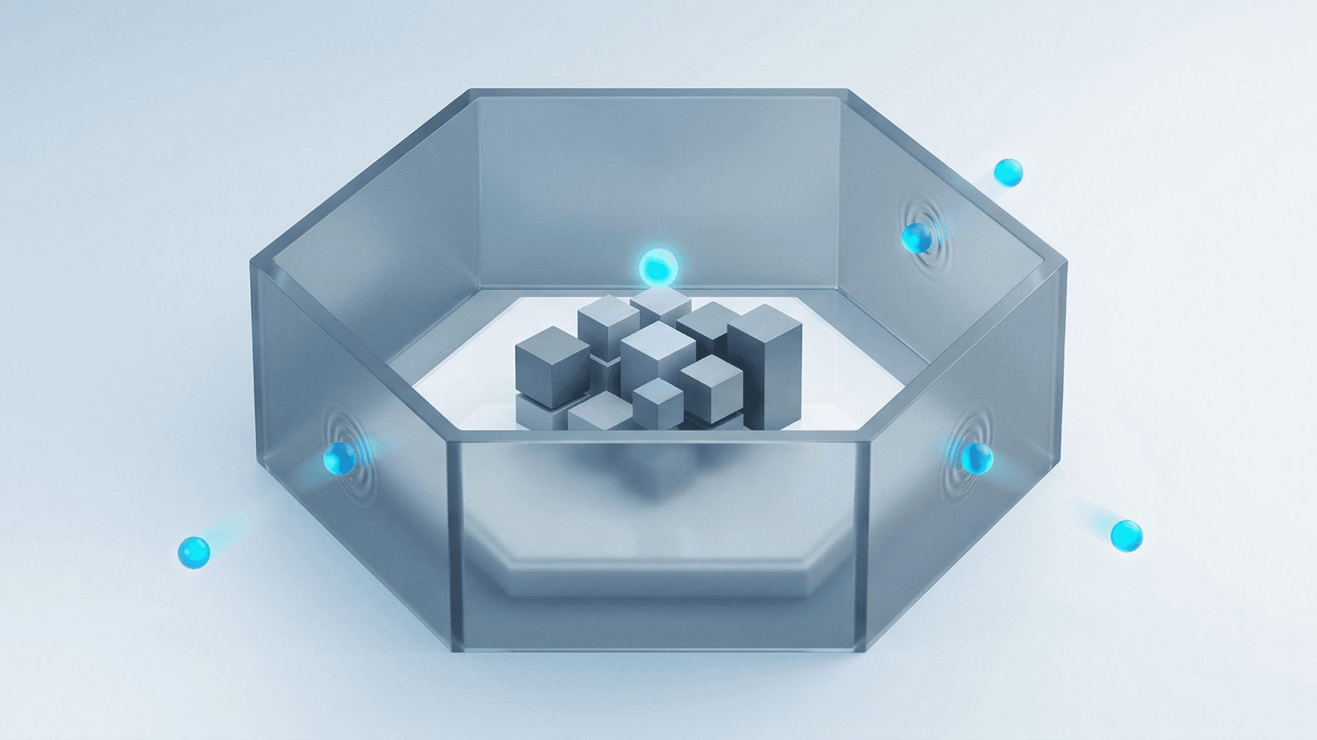 光るエネルギー壁で囲まれた保護空間と、外側から近づく外部AIエージェントがはじかれる様子を描いた、Amazonの『壁で囲った庭』戦略を象徴する抽象コンセプトイラスト