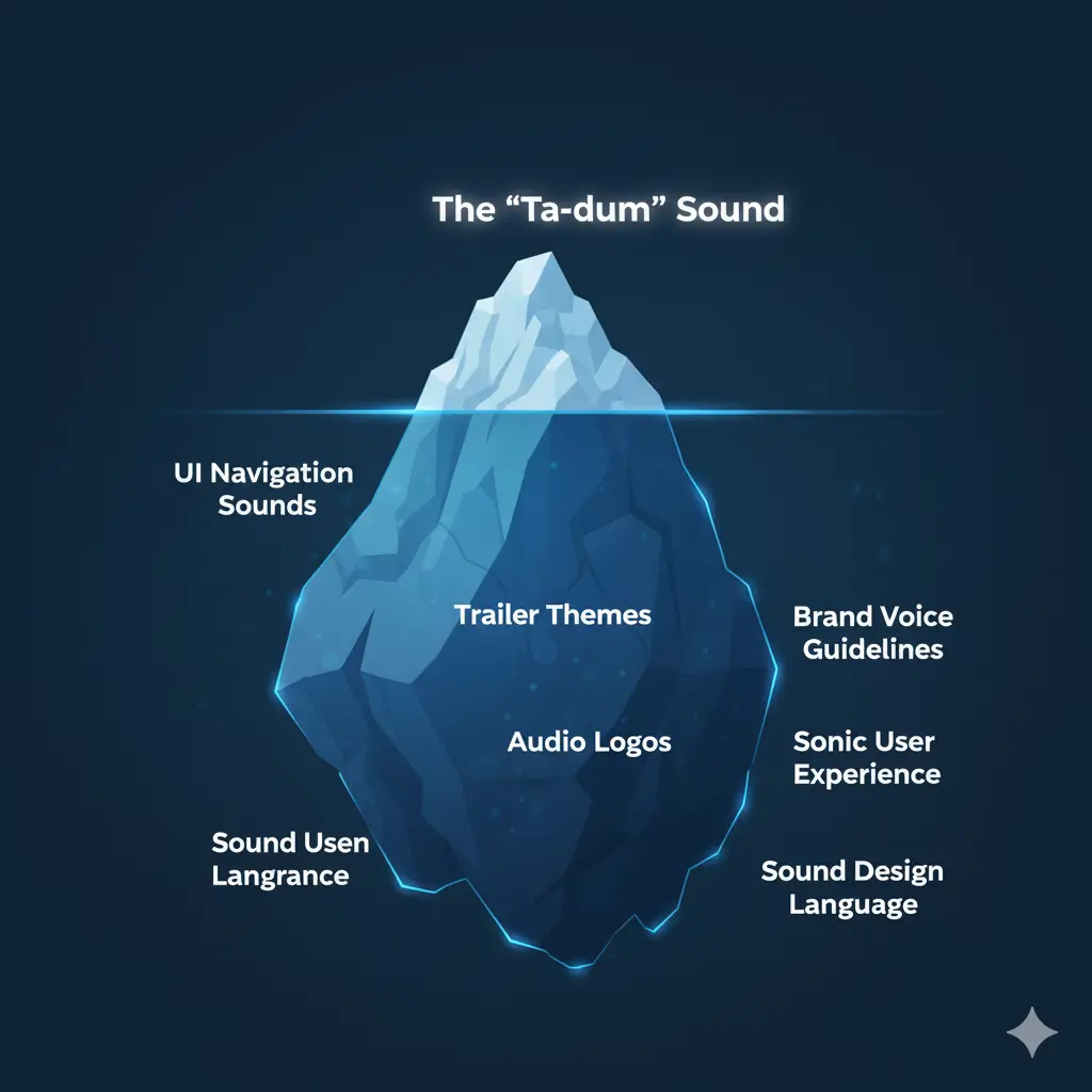 An iceberg visual. The small tip above the water is labeled "The 'Ta-dum' Sound." The massive, submerged part of the iceberg is labeled with terms like "UI Navigation Sounds," "Trailer Themes," and "Brand Voice Guidelines."