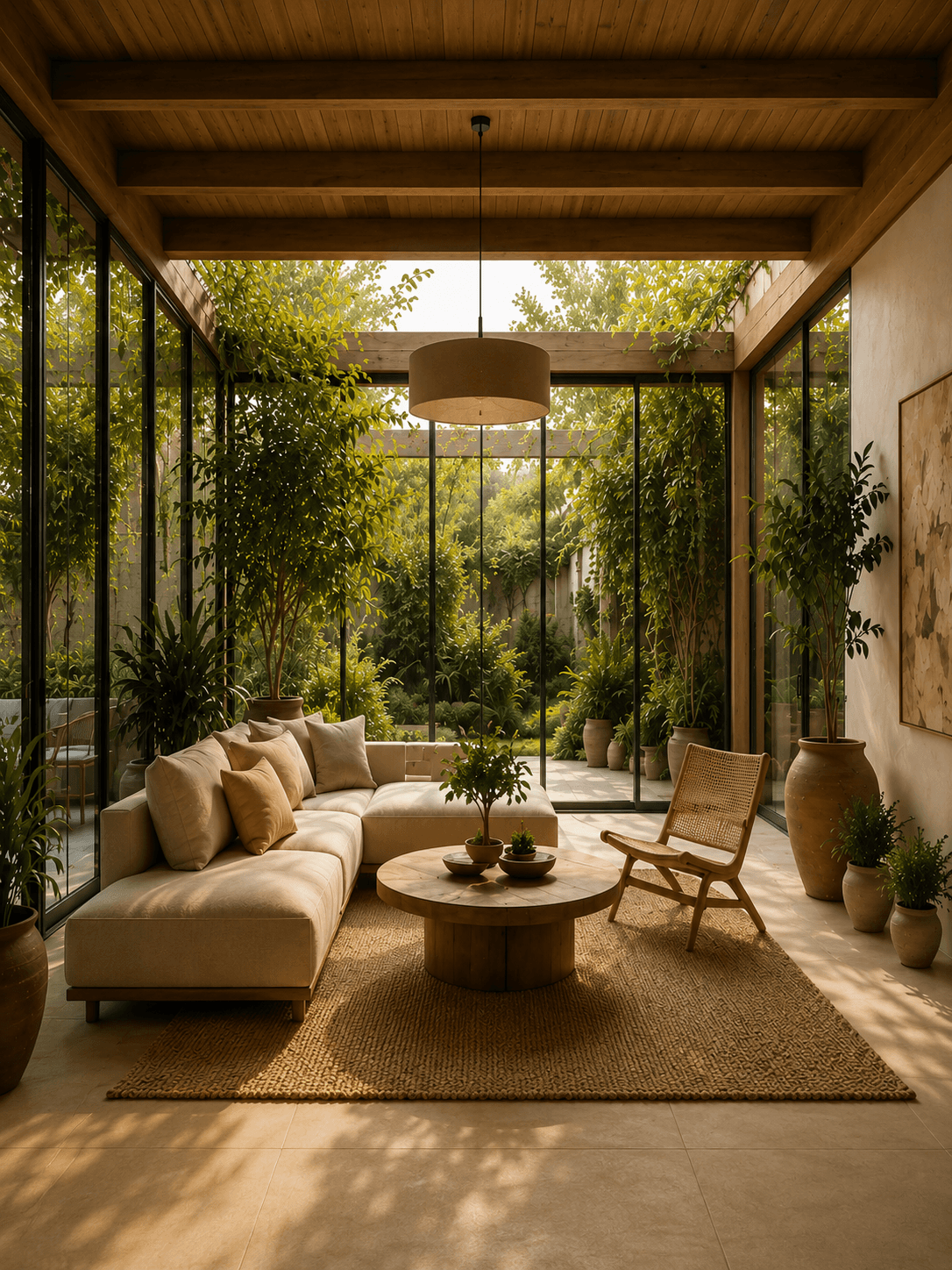 A sunlit, wabi-sabi inspired solarium featuring floor-to-ceiling glass windows, exposed wooden ceiling beams, a low-profile linen sectional, a raw wood coffee table, and oversized terracotta pots blending the indoor living space with a lush exterior garden.