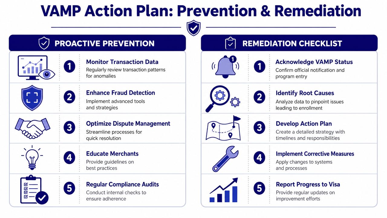 A visual guide illustrating a five-step prevention and remediation action plan for the Visa Acquirer Monitoring Program.