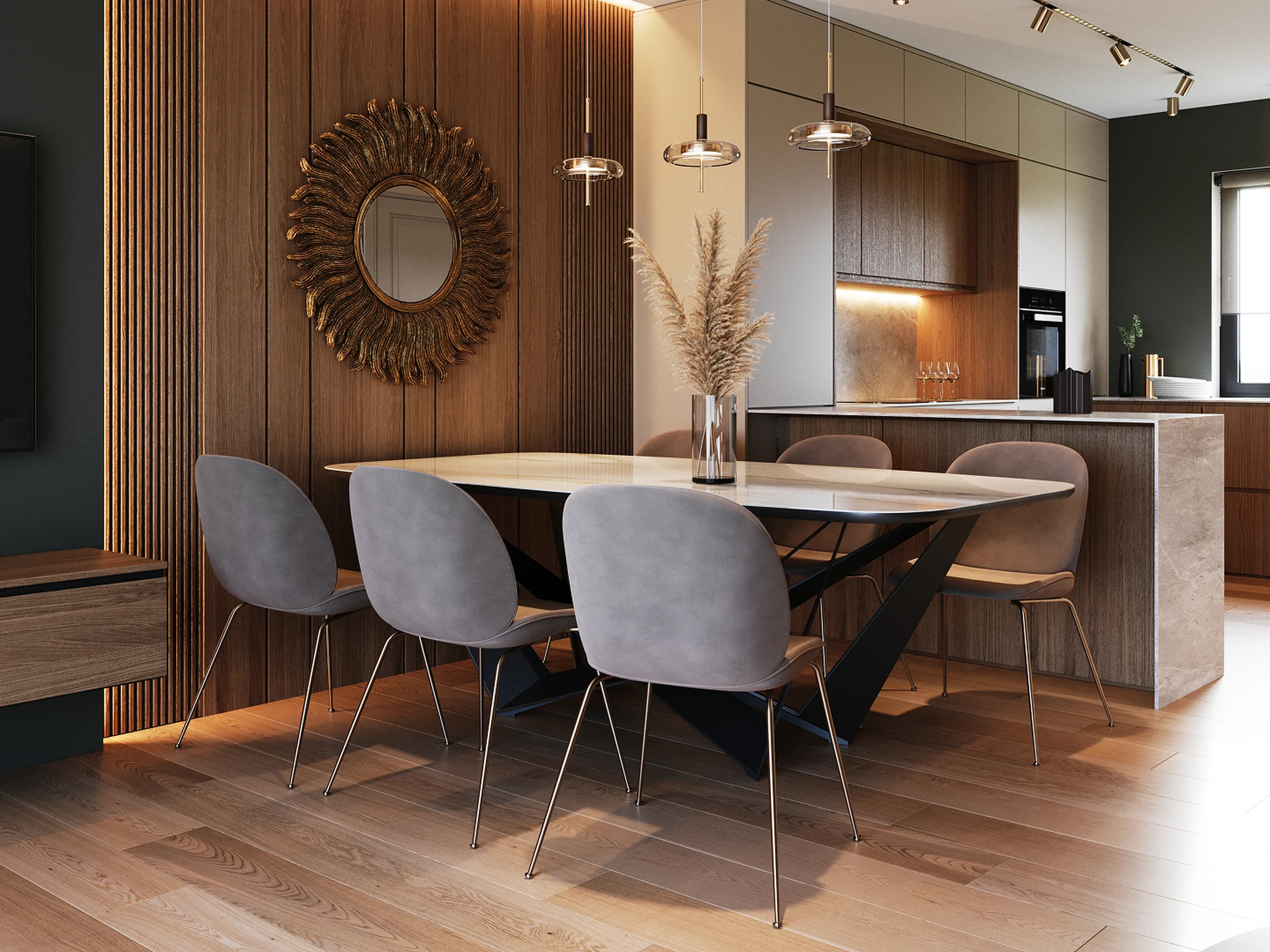 Cuisine — façades lisses et plan de travail en frêne.