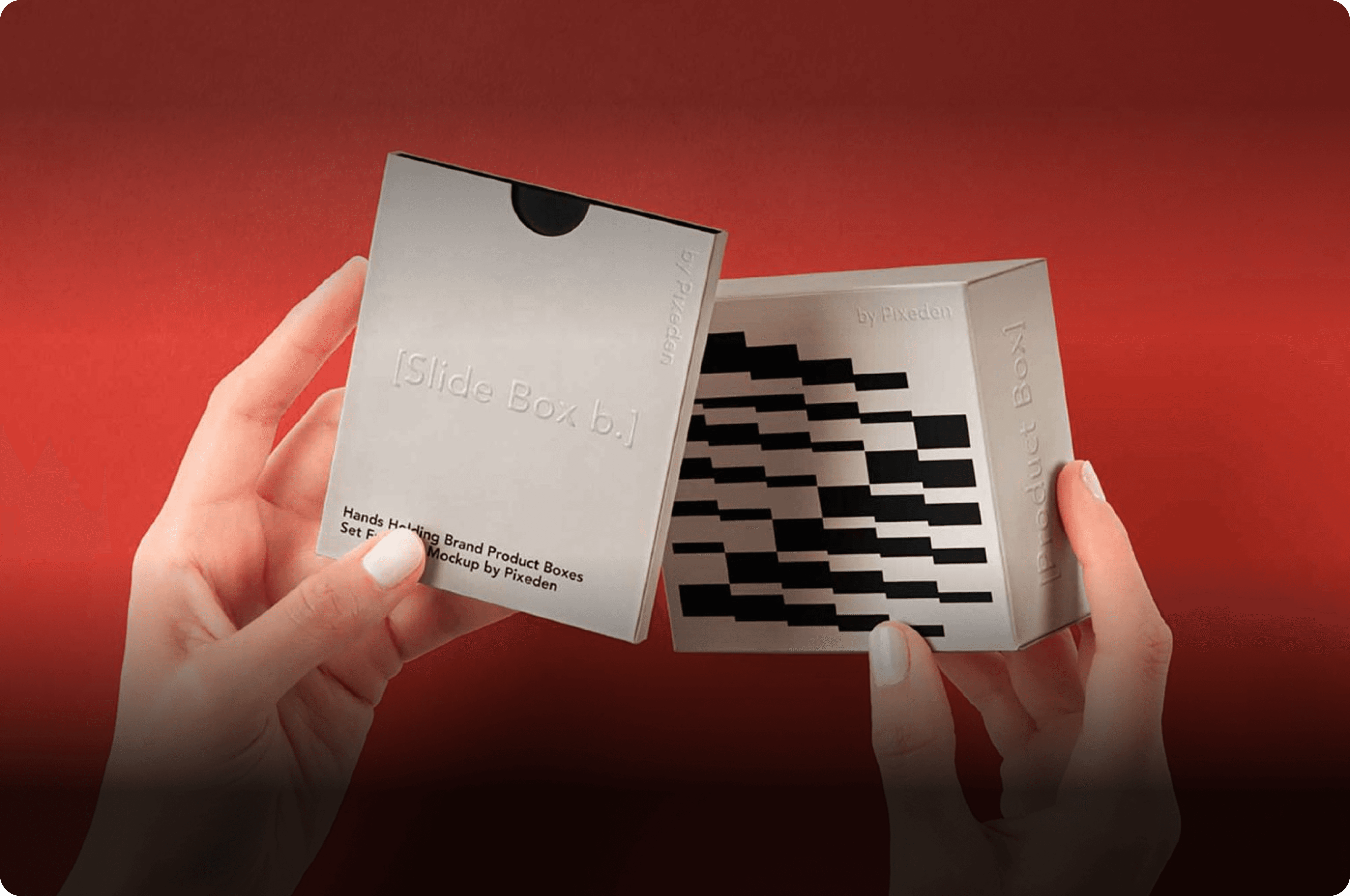 ands holding a white [Slide Box b.] mockup with black geometric patterns by Pixeden