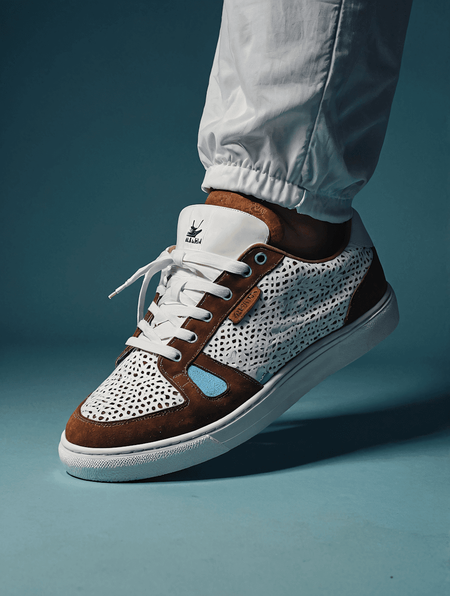 A person wearing a brown and white perforated sneaker with white trousers.