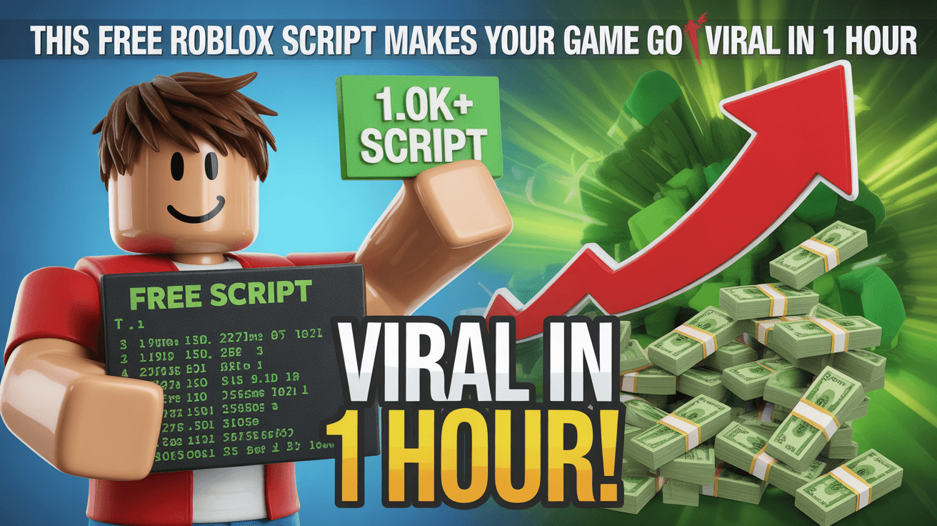 Roblox avatar holding a free script with upward arrow and VIRAL IN 1 HOUR text