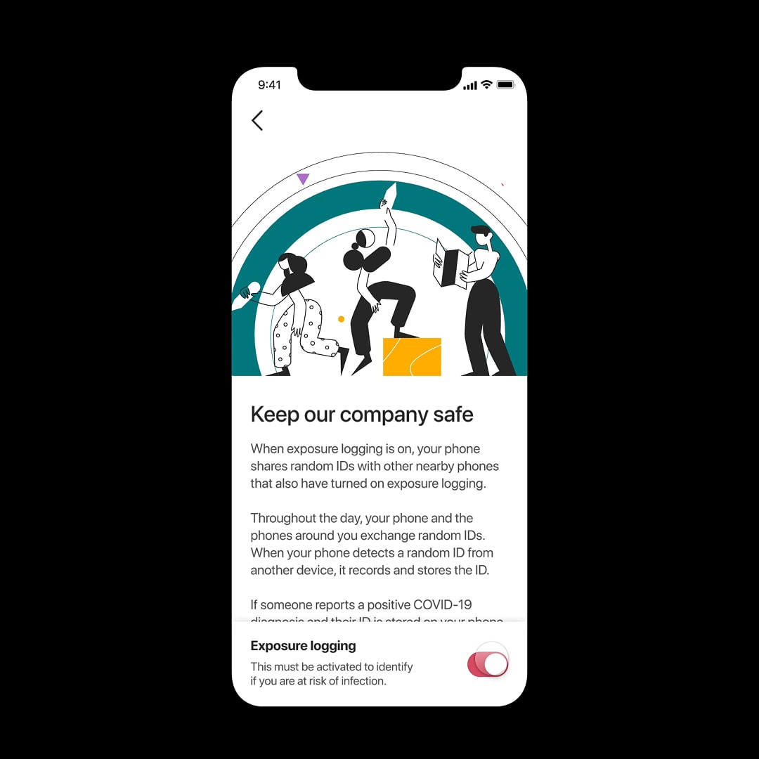 PWC Zone Check app screen showing "Keep our company safe" with illustrated person and explanation of exposure logging feature with toggle switch