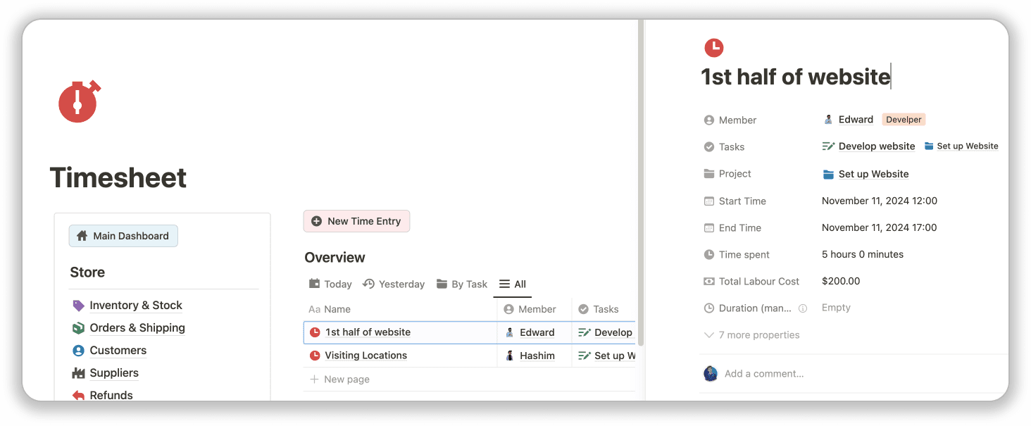 Timesheet Commerce Business OS Notion Template