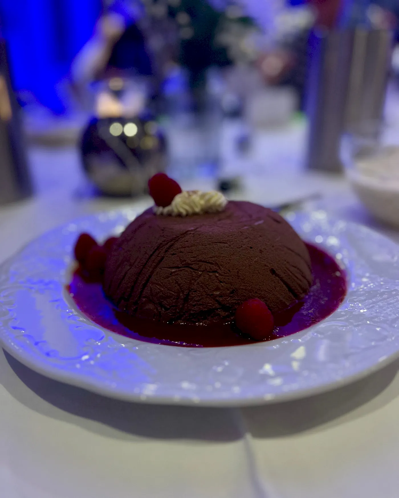 Deser aus schokoladigem Teig serviert mit Früchtesoße.