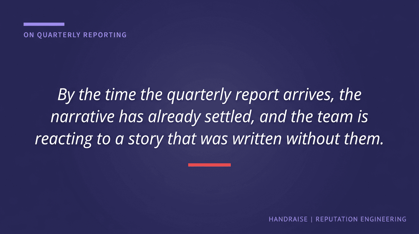 Pull quote graphic stating that by the time quarterly reports arrive, the narrative has already settled and the team is reacting to a story written without them