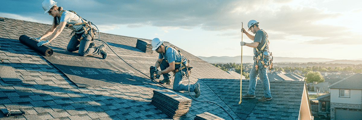 Roofer installing a standing seam metal roof with safety harness