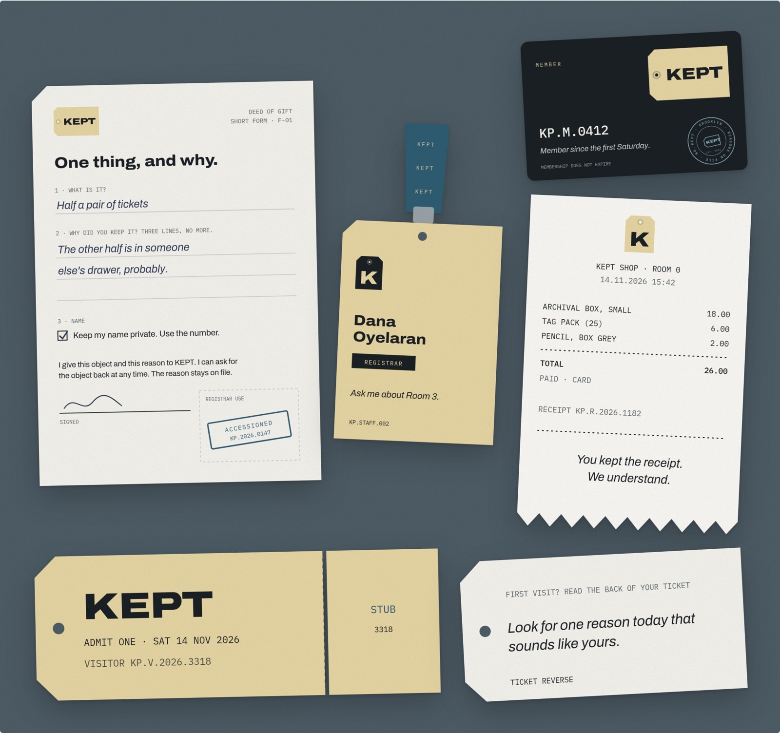 Intake set: deed of gift, staff badge, membership card, receipt and ticket.