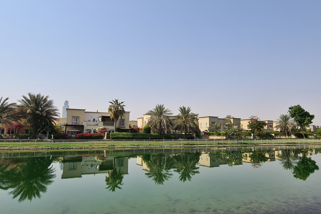 A tranquil pond with nearby houses and palm trees, located in the Springs 11 area.