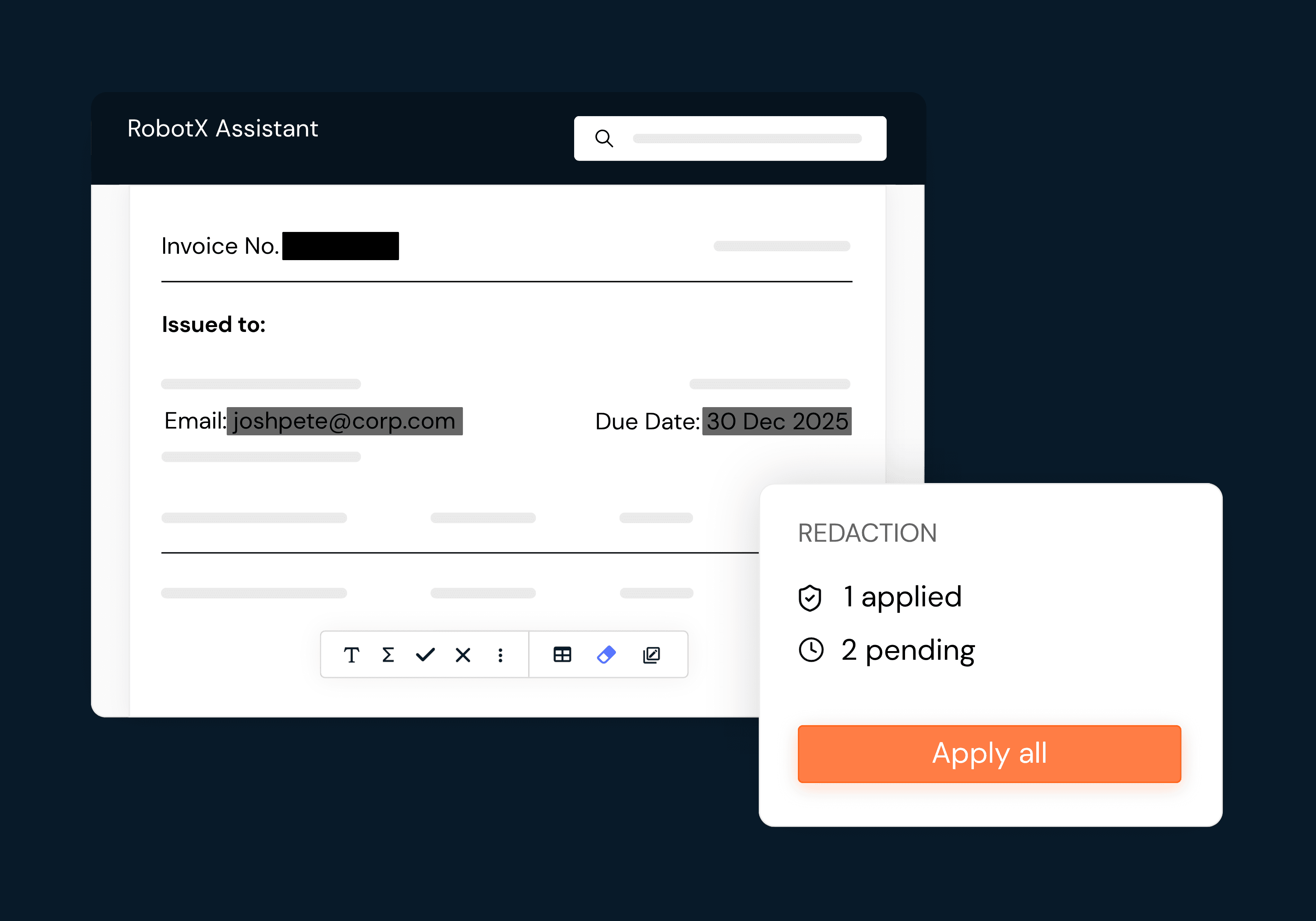 RobotX Assistant redaction panel blacking out an invoice number and email address in an embedded invoice copy.