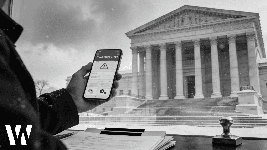 Black-and-white photojournalistic image of a U.S. Treasury–style government building as a smartphone displays “COMPLIANCE ALERT” after US Treasury sanctions crypto exchanges over Iran.
