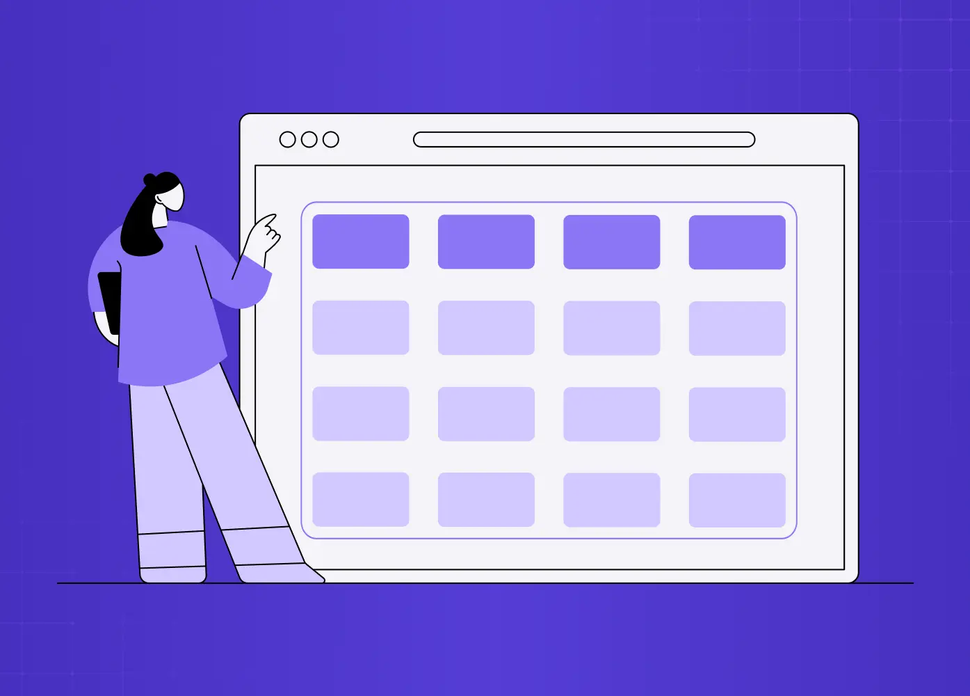 Purple-themed illustration of a person interacting with a browser window containing a grid of rounded rectangular interface cards. 