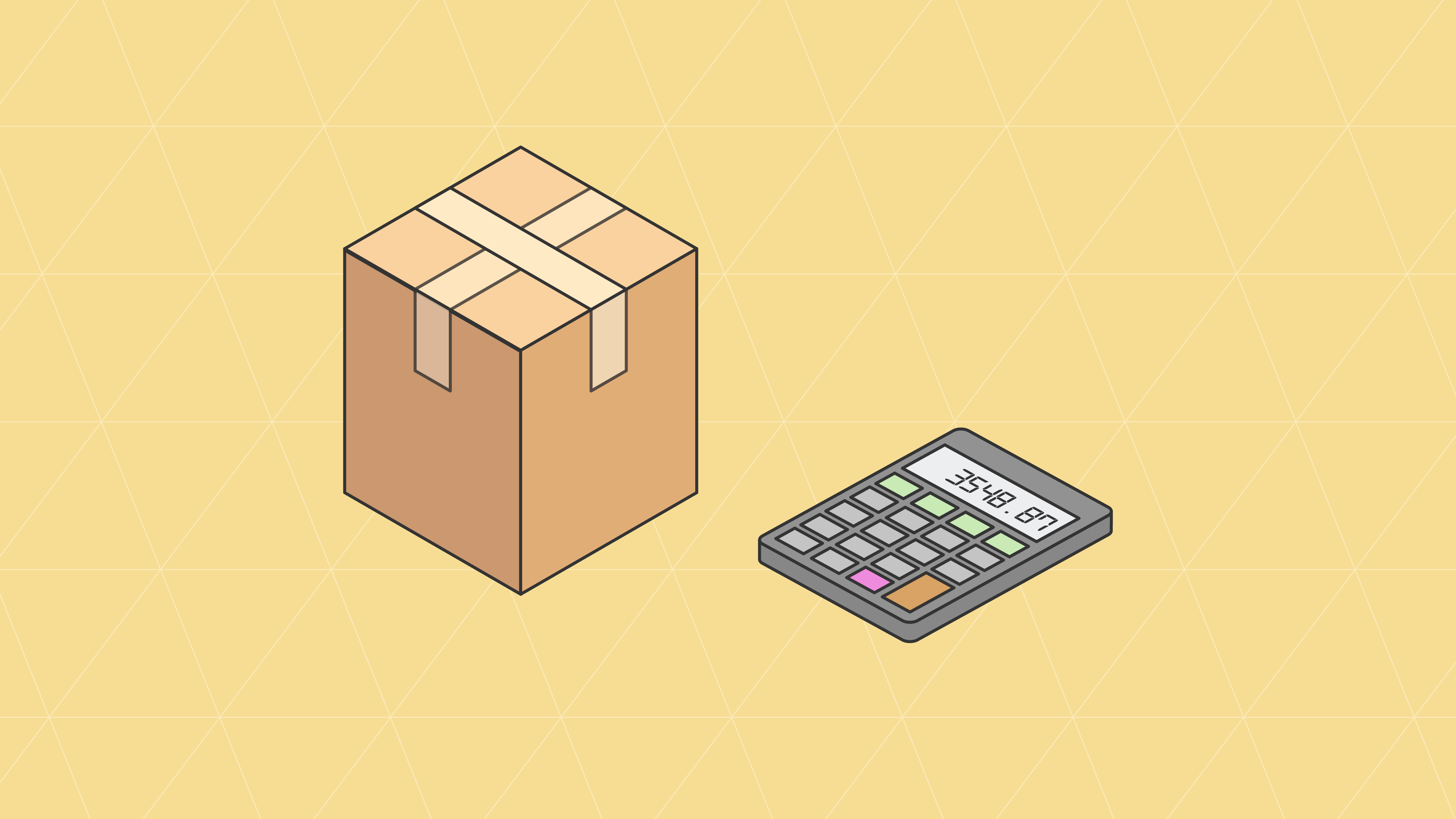 Isometric illustration of a cardboard shipping box and a calculator displaying a number, representing inventory turnover ratio calculation for business profitability.