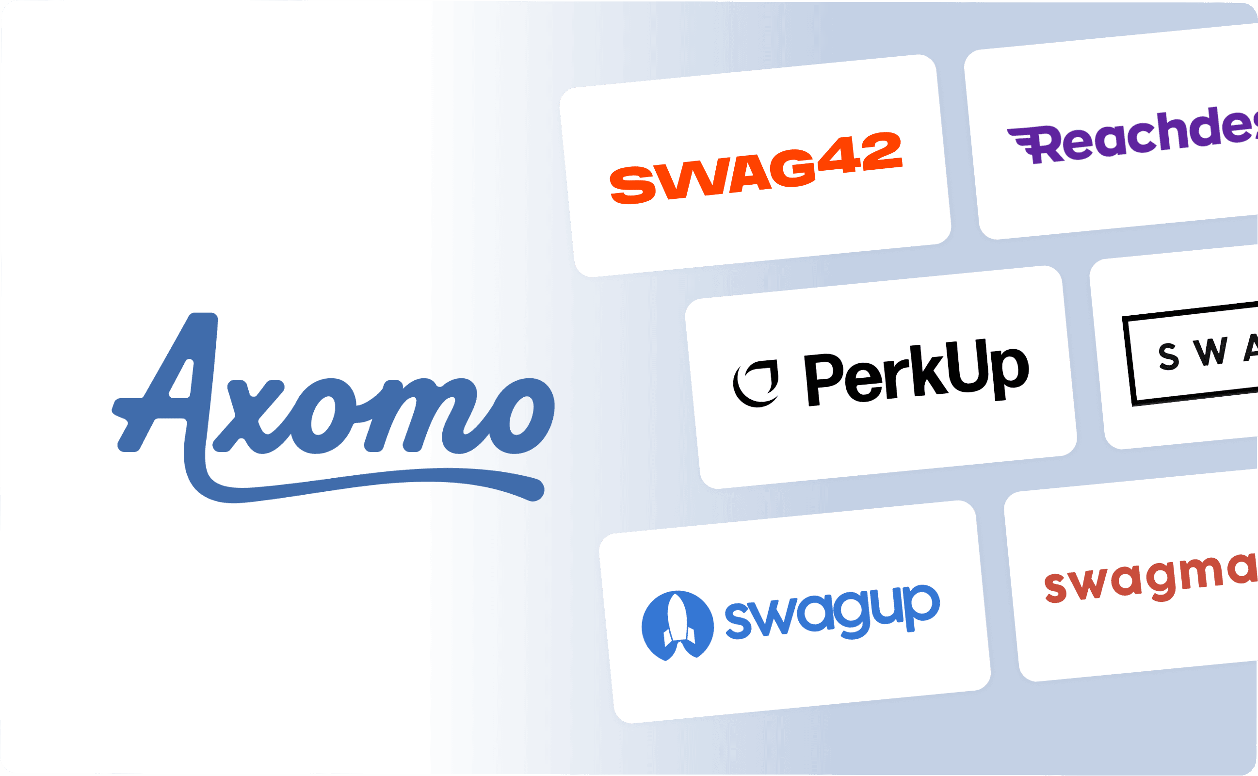 An image with the Axomo logo, as well as its competitor's: Swag42, Reachdesk, PerkUp, Swag Pro, SwagUp, and SwagMagic.