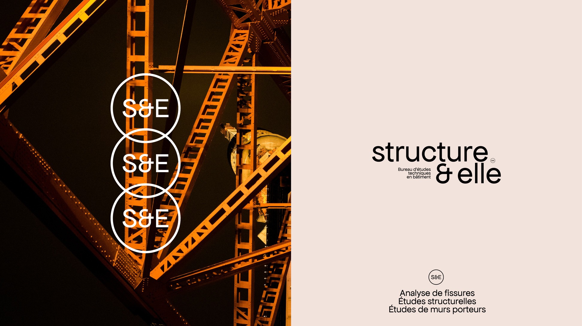 Monogramme S&E sur une photo de structure métallique.