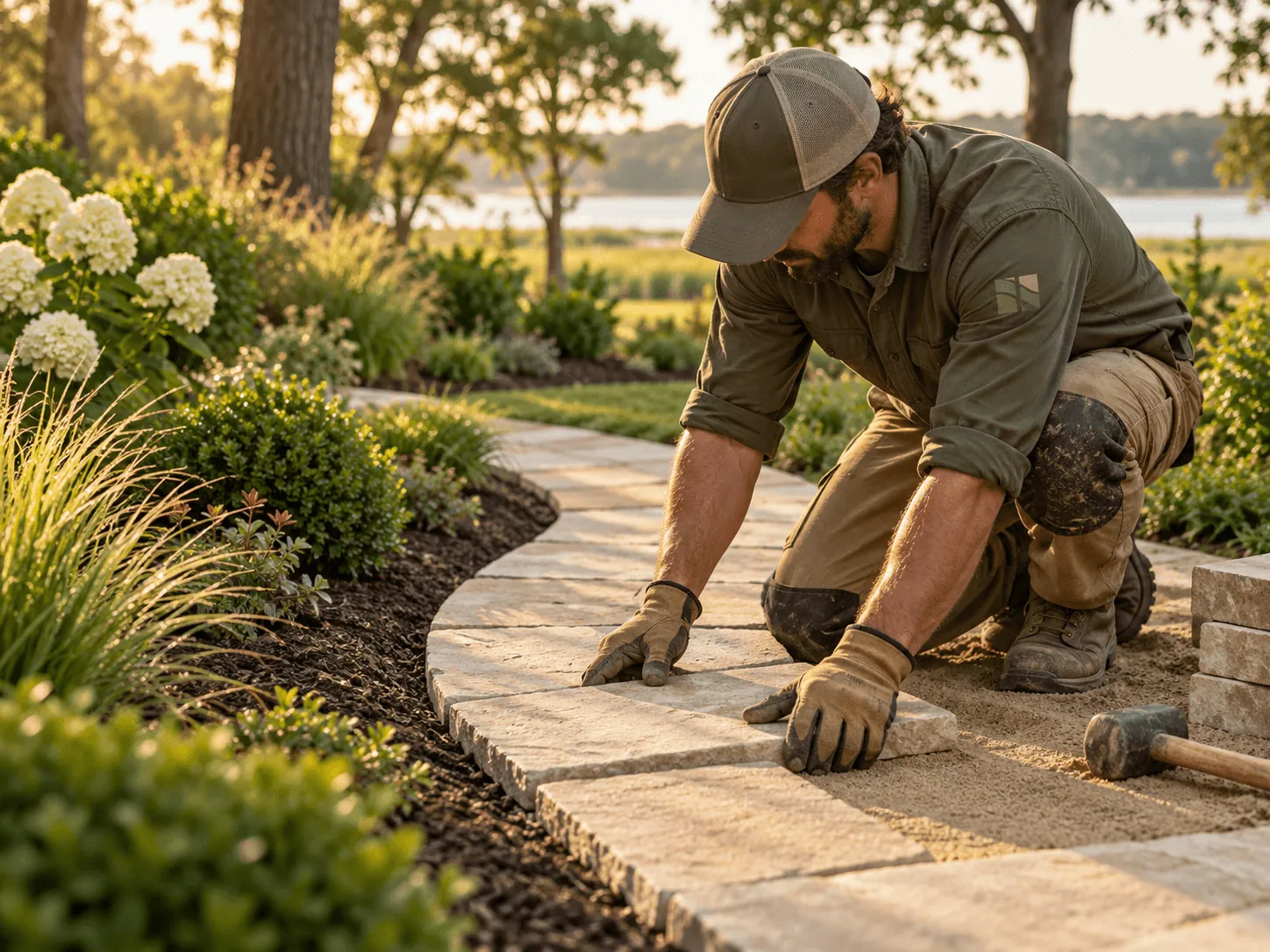 Landscaper in work gloves setting natural stone pavers along a curving garden path at golden hour