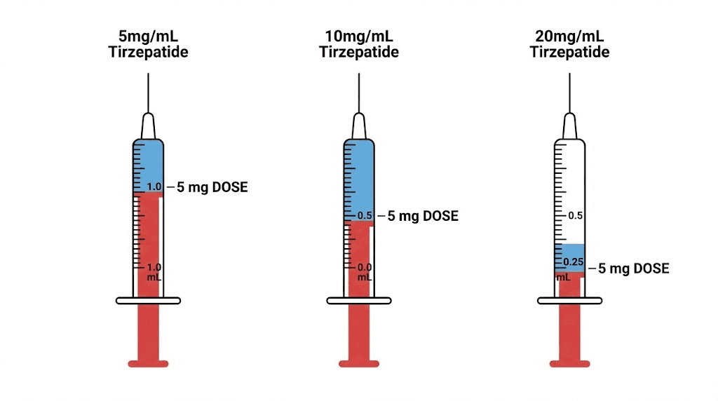 Tirzepatide compound dosage chart showing syringe fill levels at different concentrations