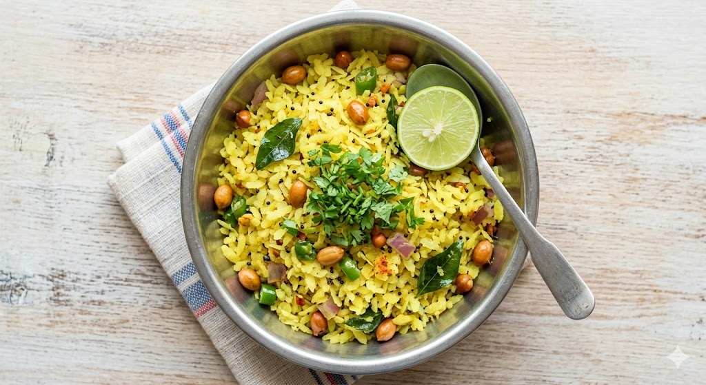 An overhead shot of a stainless steel bowl filled with Indian poha (flattened rice), garnished with peanuts, coriander, onions, green chilies, a lime wedge, and curry leaves, resting on a rustic wooden table.