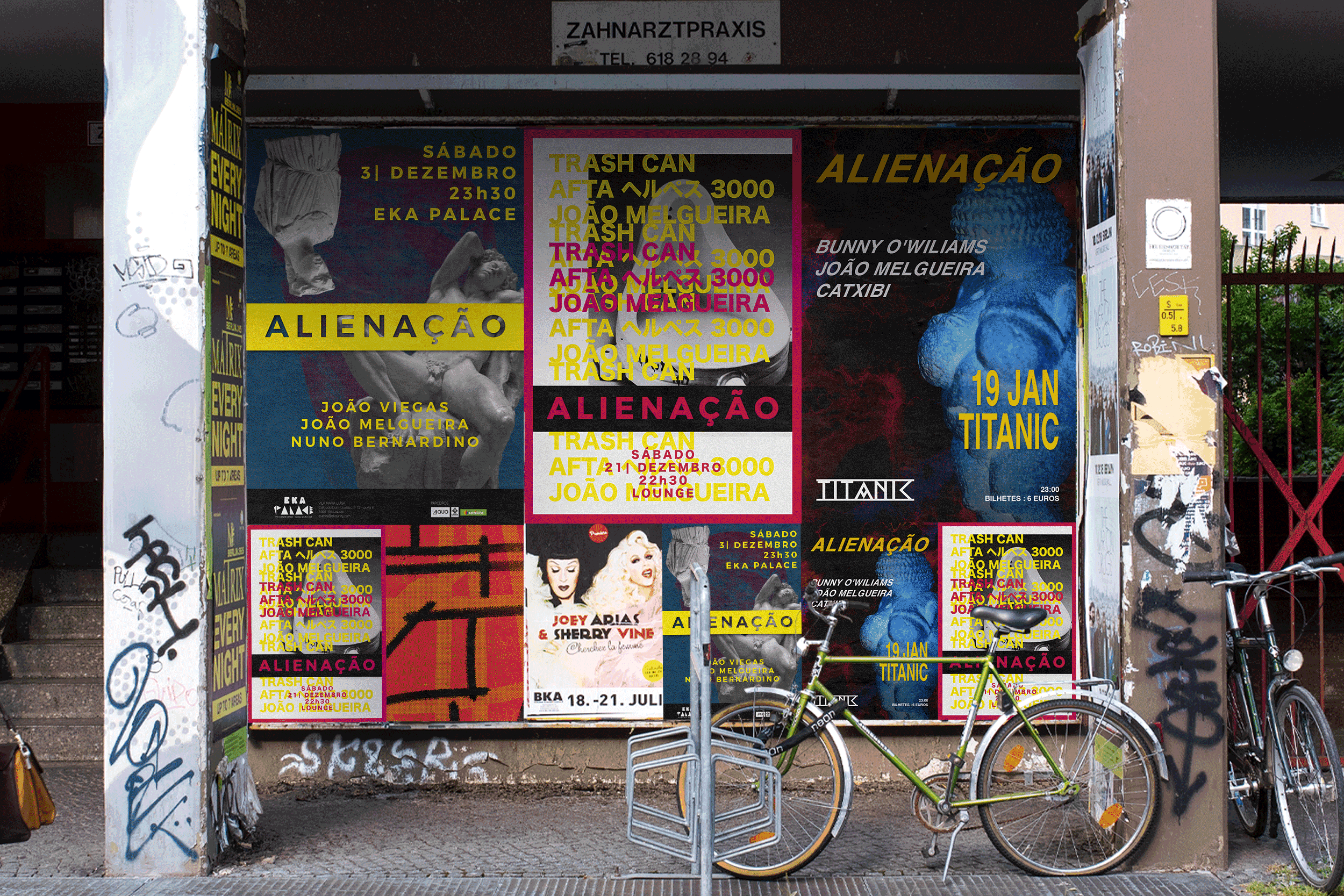 Street poster campaign for “Alienação” electronic music event integrated within an urban wall of concert posters.